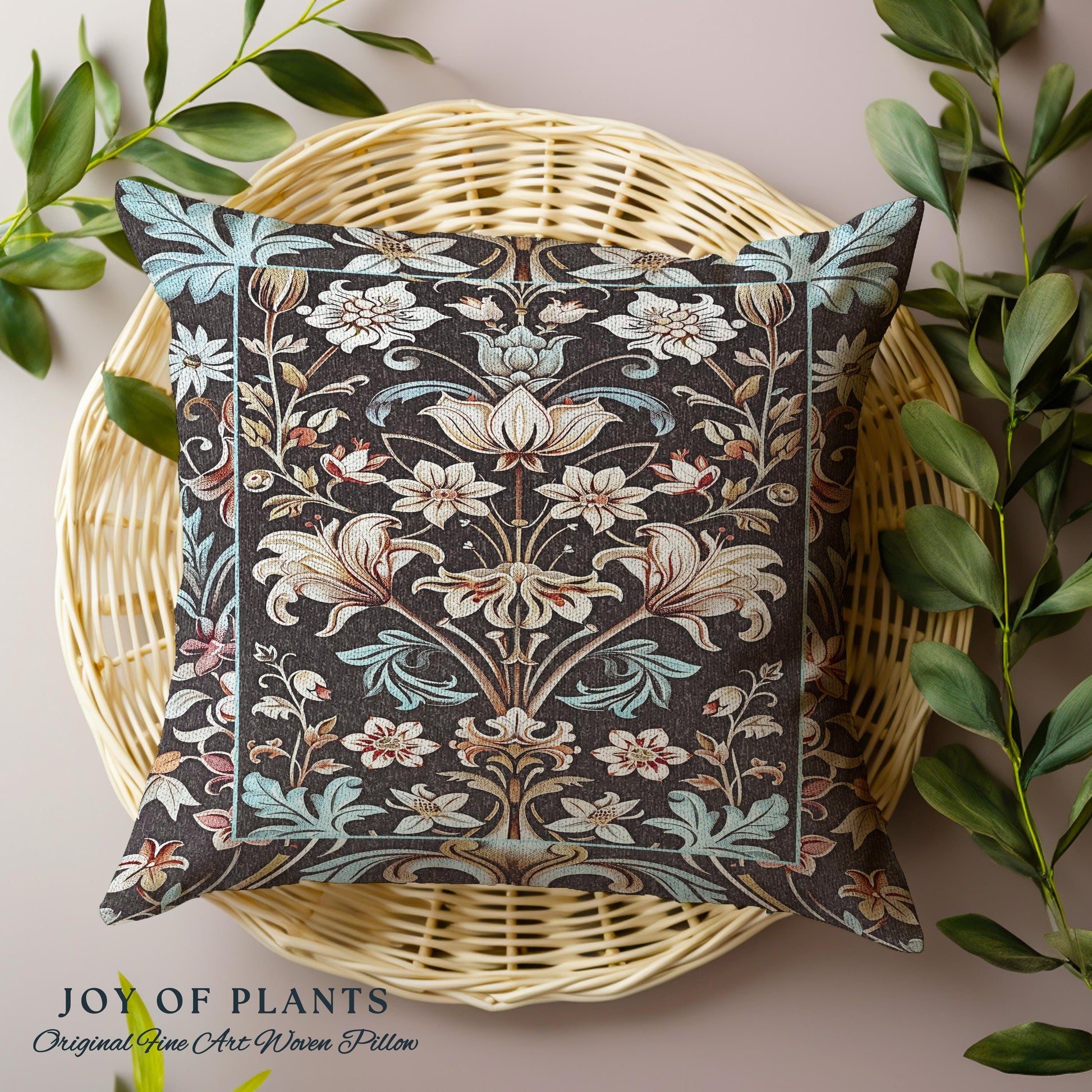 Whimsical Art Nouveau Floral Pillow Victorian Whimsigothic Botanical, Vintage Academia Decor William Morris Inspired Elegant Woven Cushion |