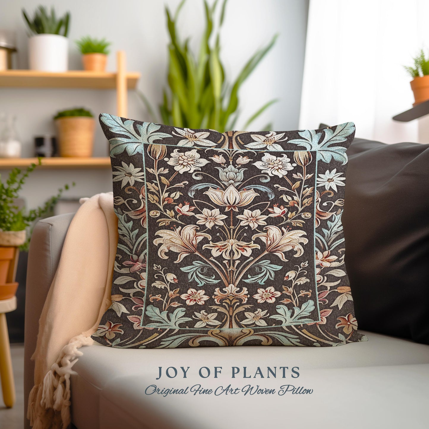 Whimsical Art Nouveau Floral Pillow Victorian Whimsigothic Botanical, Vintage Academia Decor William Morris Inspired Elegant Woven Cushion |