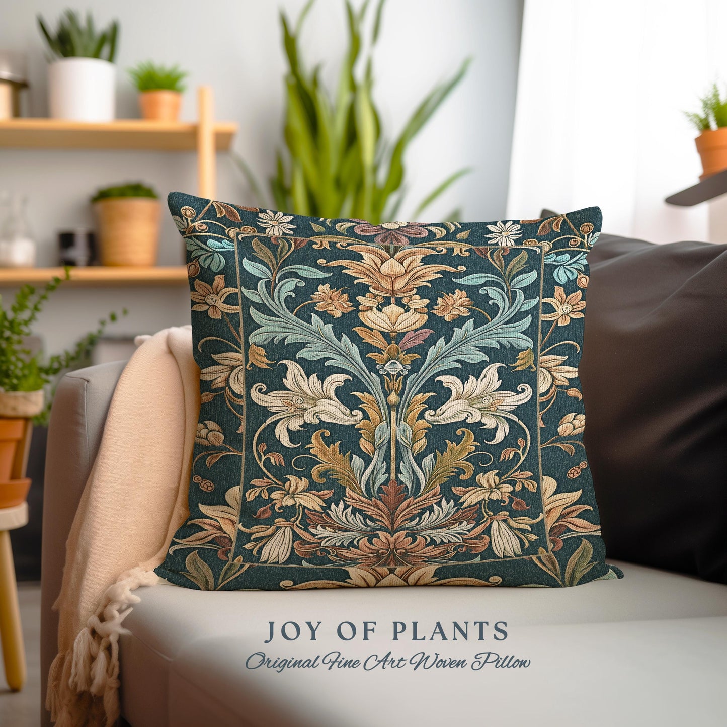 Art Nouveau Floral Ornate Throw Pillow Renaissance Style Botanical Dark Academia, William Morris Inspired Rustic Farmhouse Tapestry Cushion