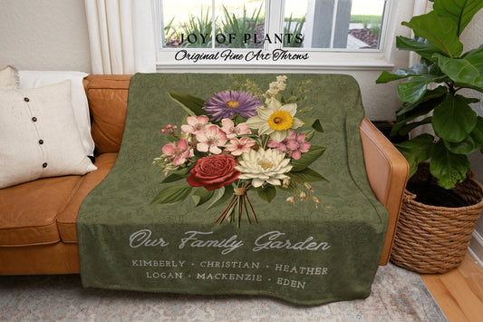 Our Family Garden Bouquet Blanket | Personalized Birth Flower Blanket Birth Month Flower Bouquet Nanas Garden Custom Throw Blanket for Mom |