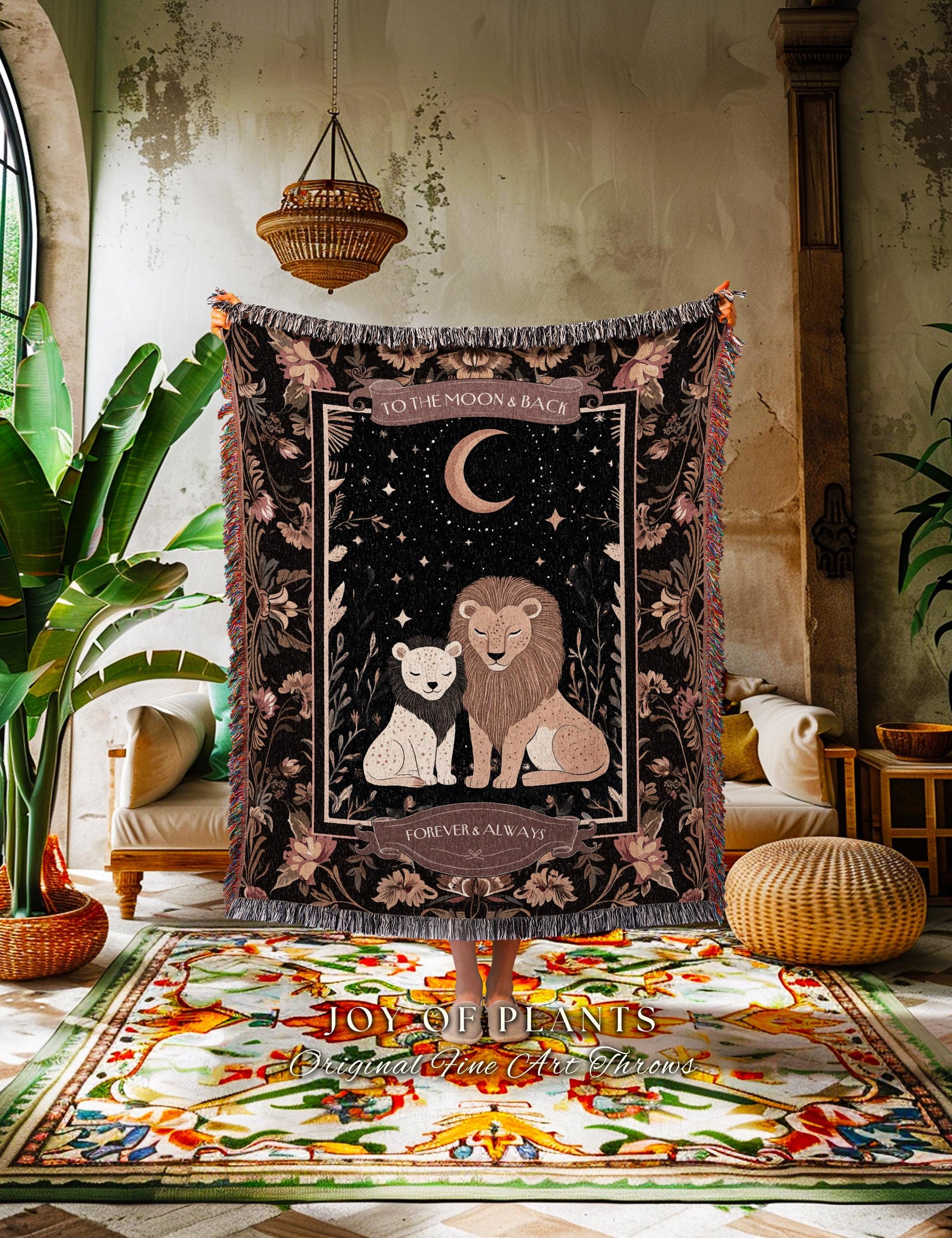 Personalized Jungle Nursery Throw Blanket | Custom Sentimental Gift Parent and Child Scandinavian Lion Decor Whimsical Creatures Tapestry |