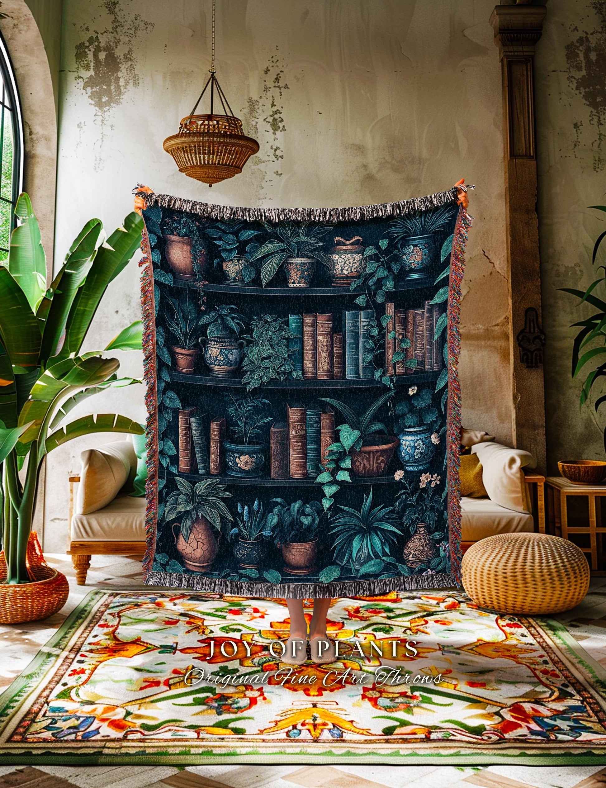 Moody Whimsigothic Bookshelf Tapestry Blanket | Rustic Medieval Woven Wall Hanging Dark Botanical Home Decor Victorian Goth Woodland Style |