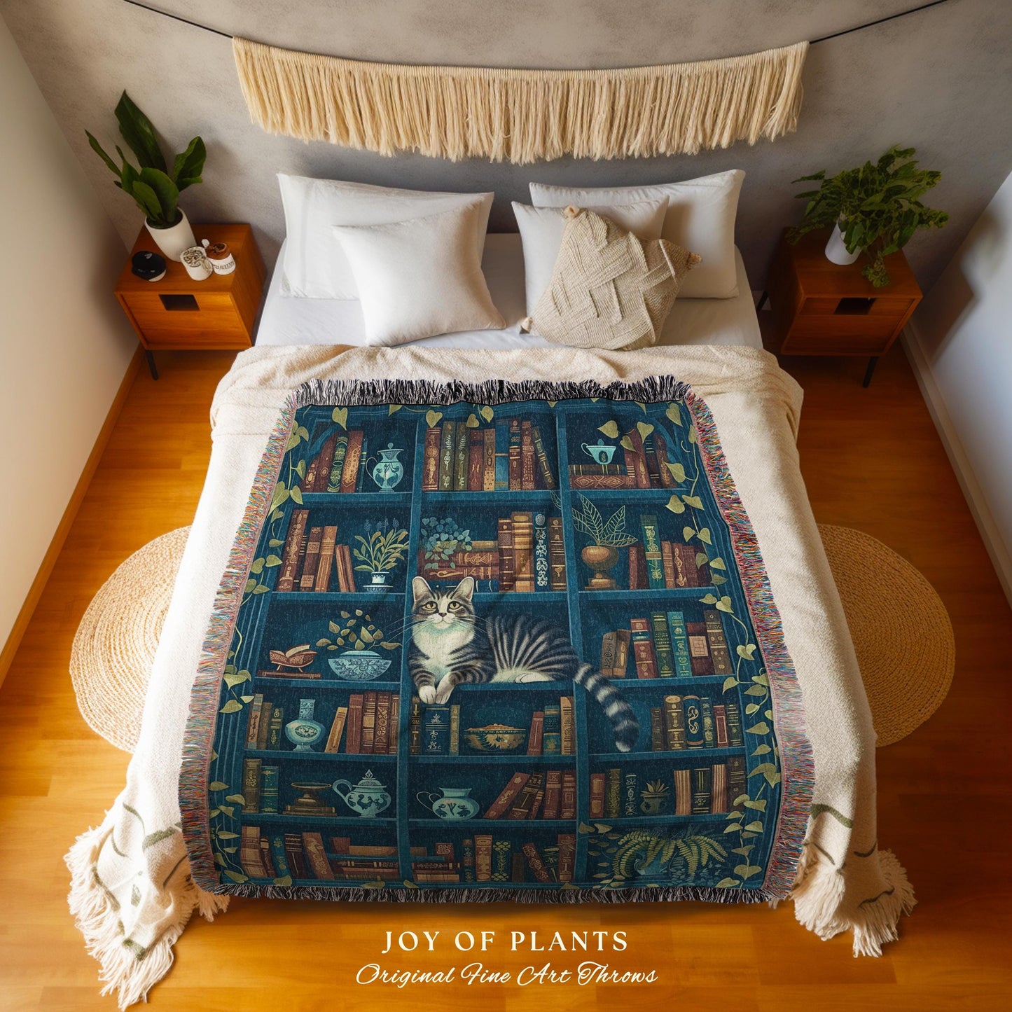 Whimsical Cat on a Bookshelf Woven Blanket | Dark Cottagecore Bedding Medieval Wall Art Witchy Botanical Moody Home Decor Victorian Gothic
