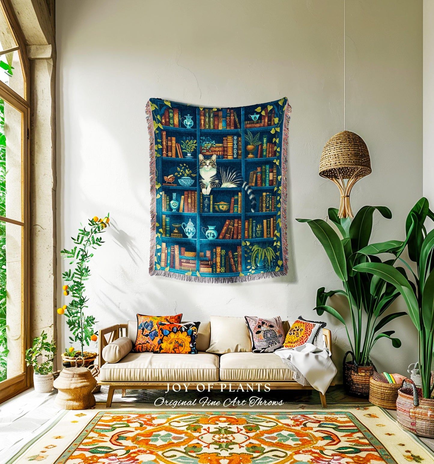 Whimsical Cat on a Bookshelf Woven Blanket | Dark Cottagecore Bedding Medieval Wall Art Witchy Botanical Moody Home Decor Victorian Gothic