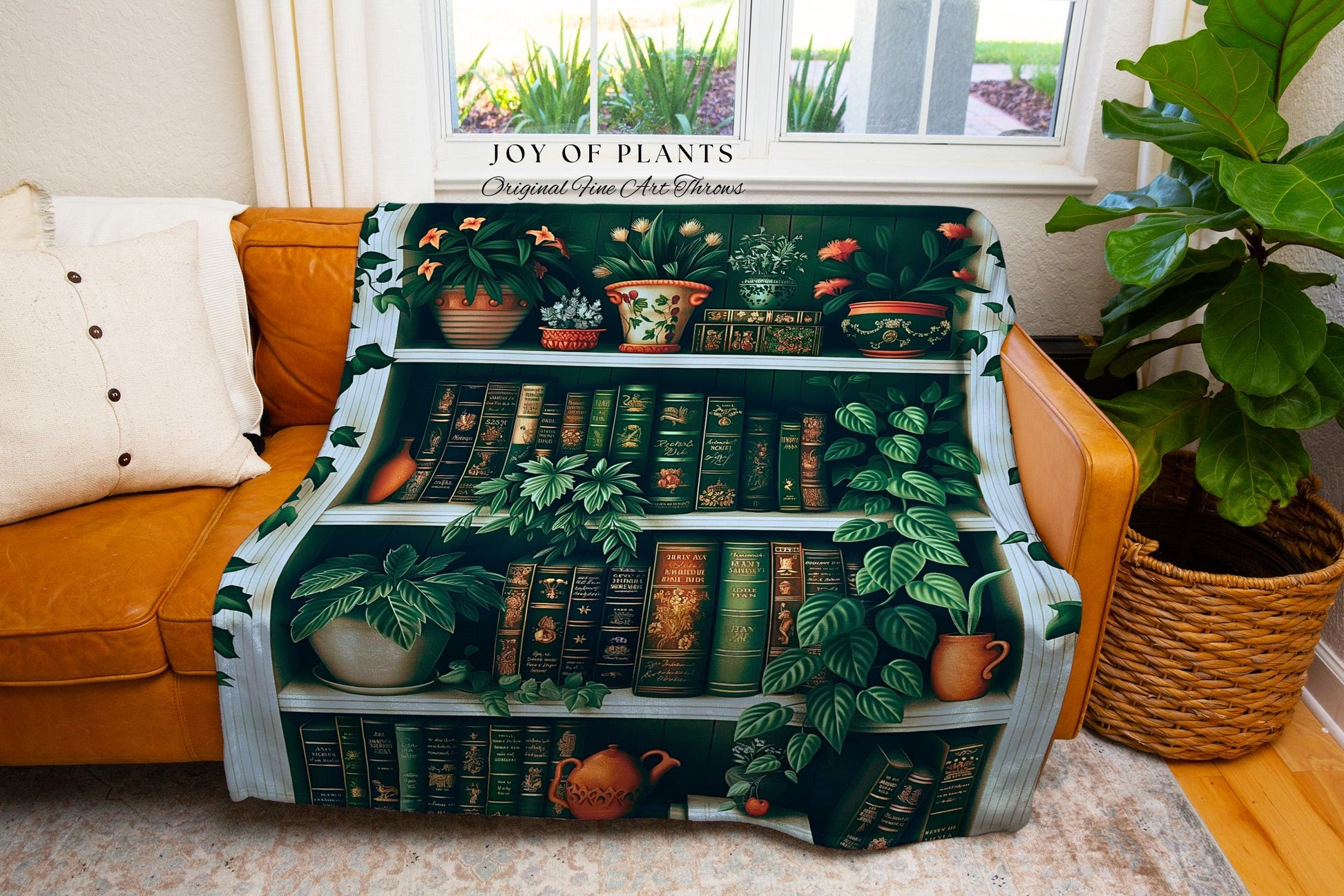 Plant Library Botanical Bookshelf Blanket | Maximalist Aesthetic Bedroom Decor Reading Throw Dark Academia Wall Hanging Tapestry Whimsical |