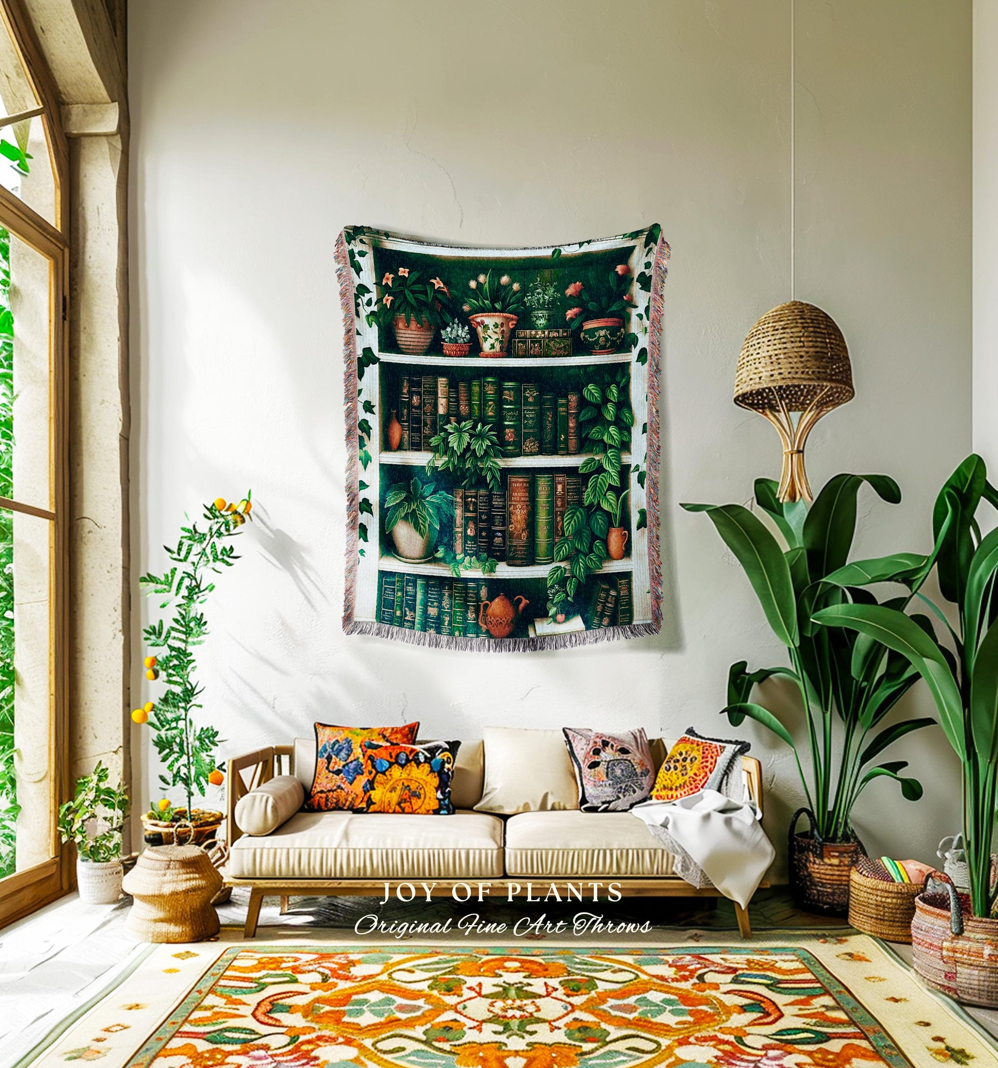 Plant Library Botanical Bookshelf Blanket | Maximalist Aesthetic Bedroom Decor Reading Throw Dark Academia Wall Hanging Tapestry Whimsical |