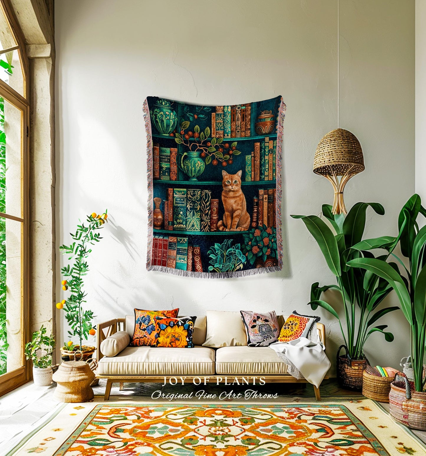 Enchanted Library Cat Bookshelf Blanket | Moody Botanical Bedroom Victorian Gothic Woodland Fantasy Reading Corner Dark Academia Tapestry |