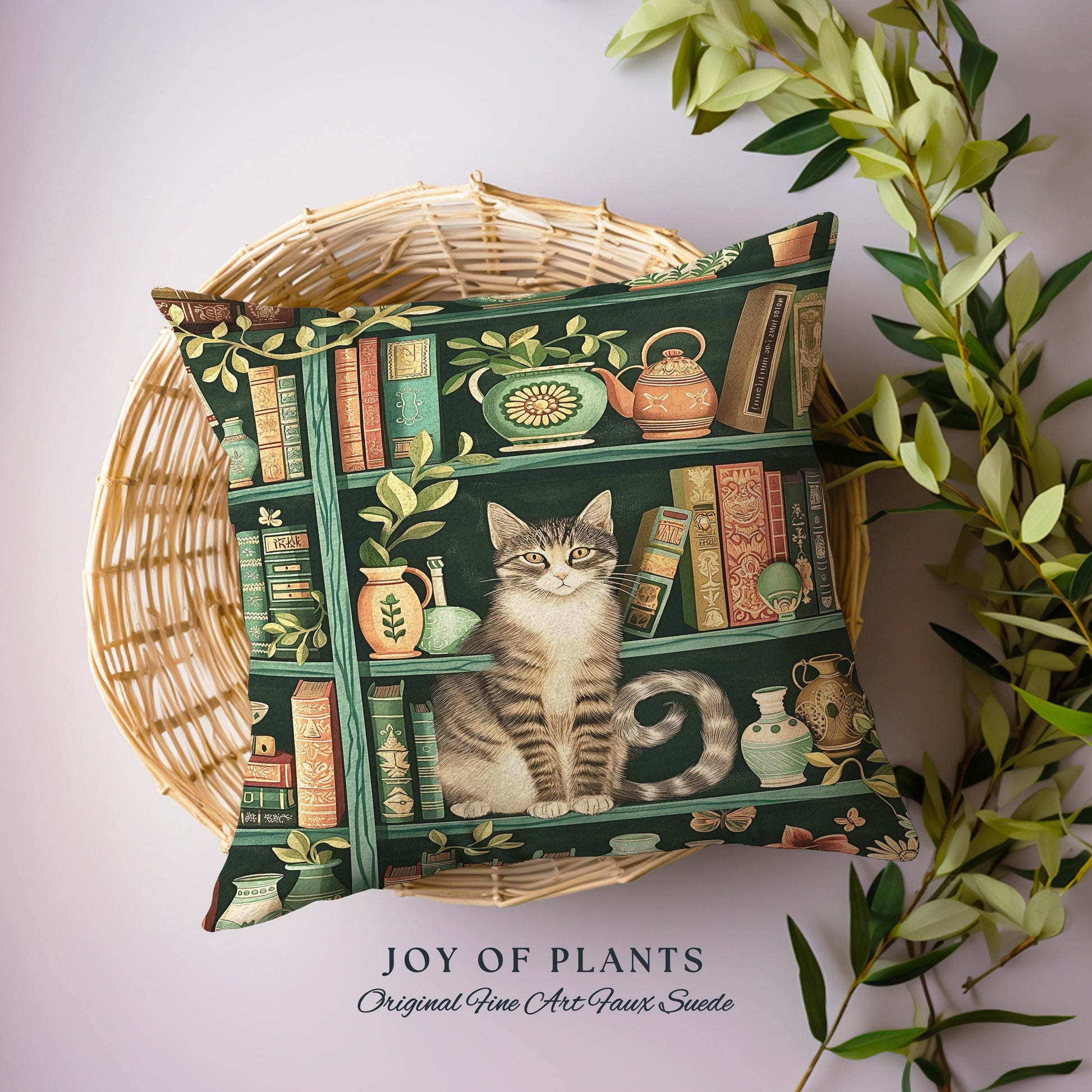 Retro Bookshelf Cat Pillow Botanical Academia Cottagecore Decor, Cozy Feline Library Theme Tapestry Pillow Whimsical Literary Aesthetic Gift