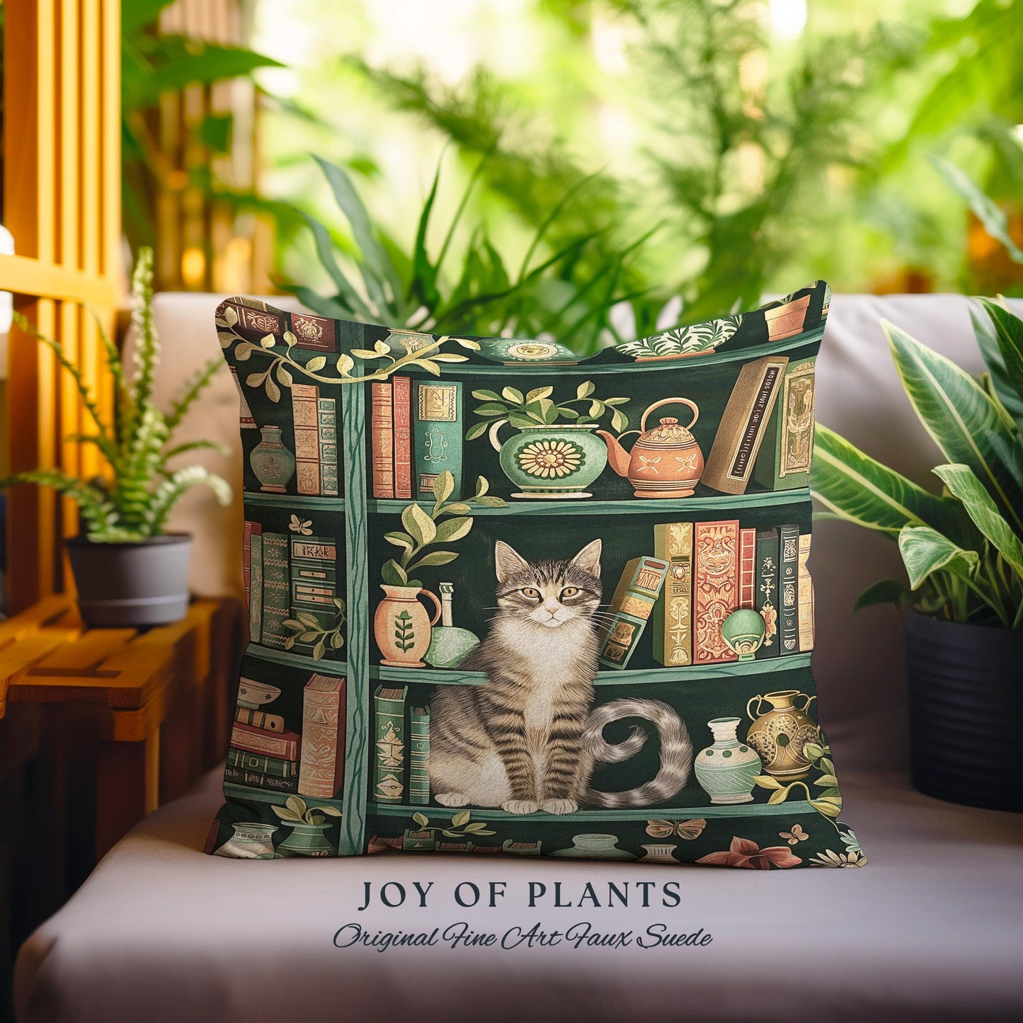 Retro Bookshelf Cat Pillow Botanical Academia Cottagecore Decor, Cozy Feline Library Theme Tapestry Pillow Whimsical Literary Aesthetic Gift