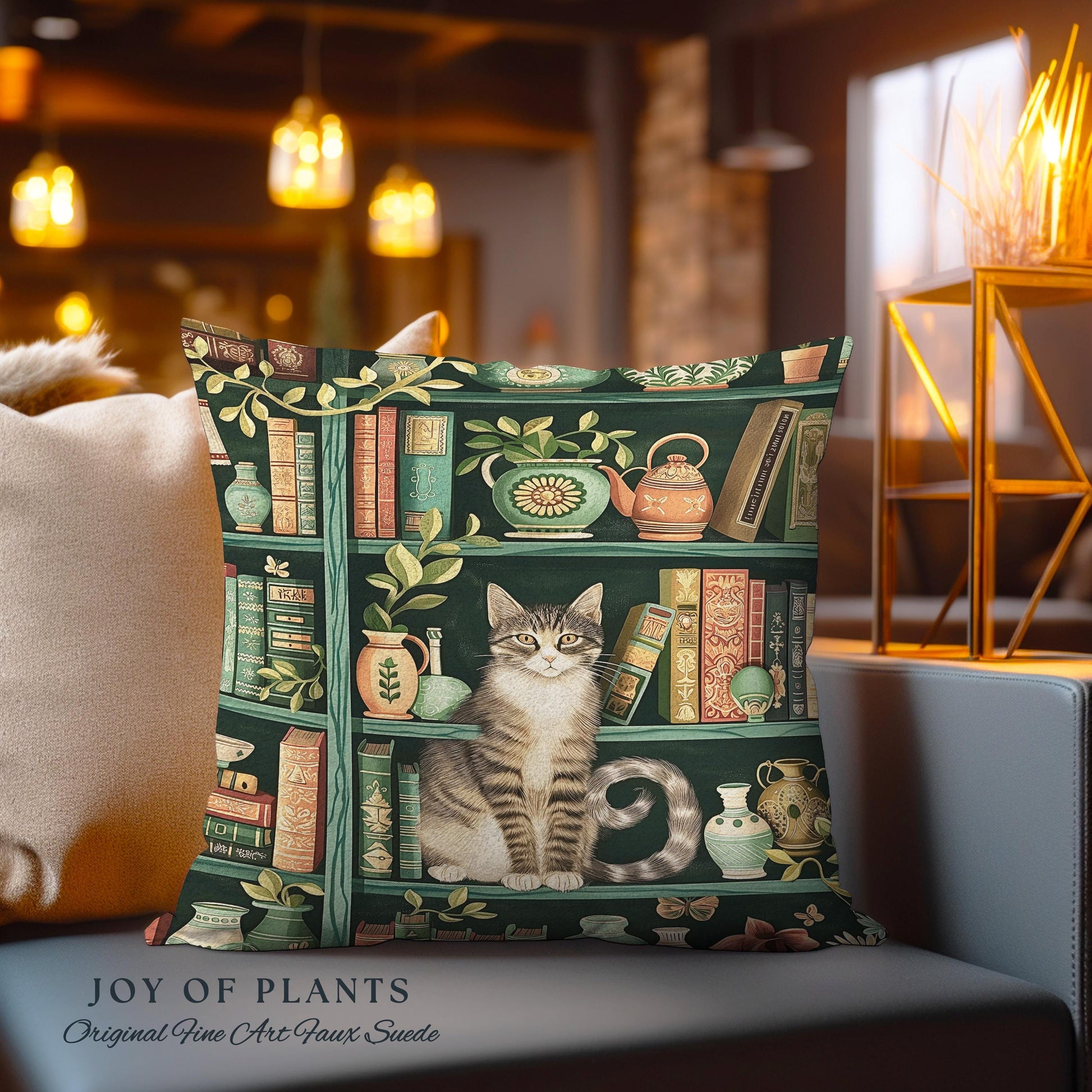 Retro Bookshelf Cat Pillow Botanical Academia Cottagecore Decor, Cozy Feline Library Theme Tapestry Pillow Whimsical Literary Aesthetic Gift