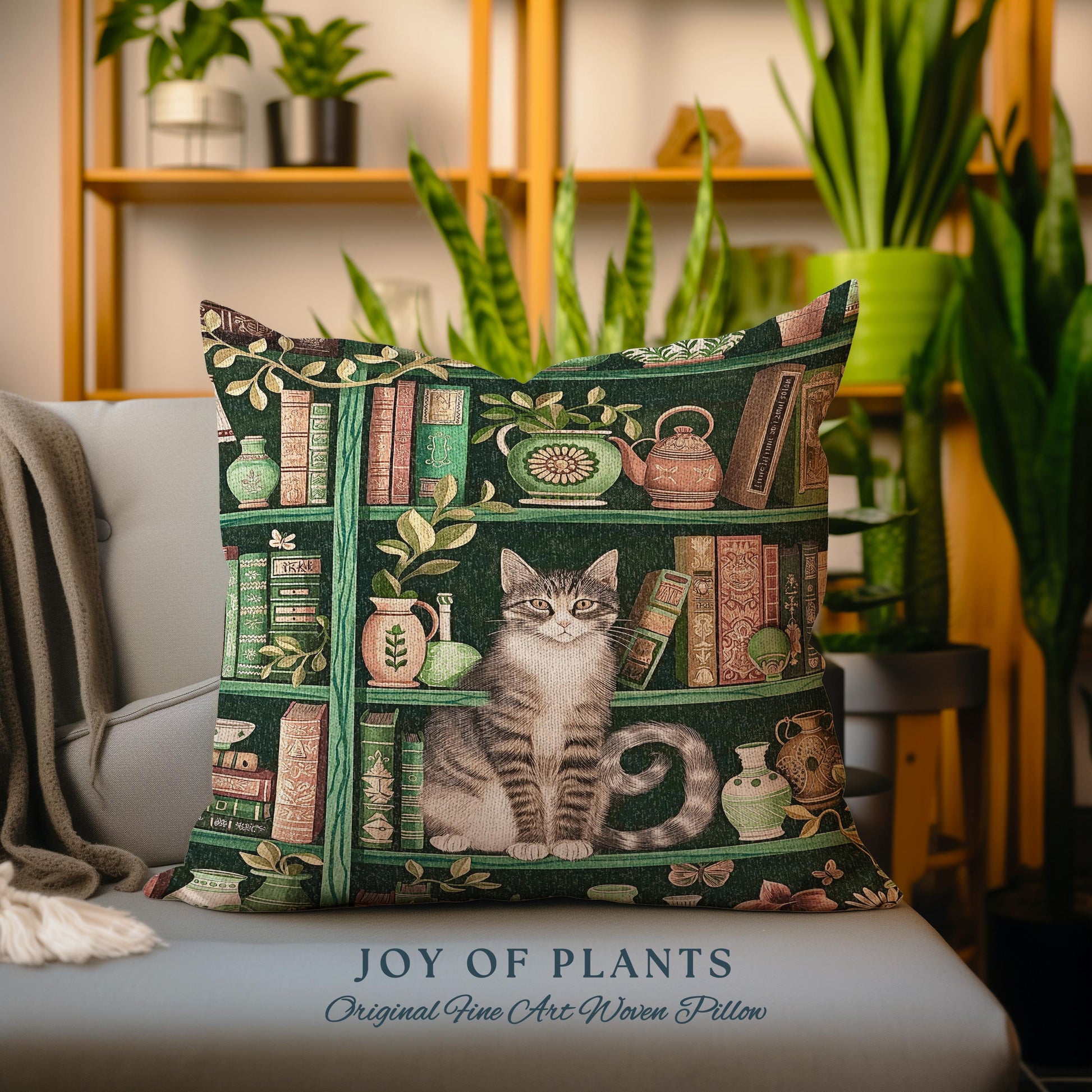 Retro Bookshelf Cat Pillow Botanical Academia Cottagecore Decor, Cozy Feline Library Theme Tapestry Pillow Whimsical Literary Aesthetic Gift