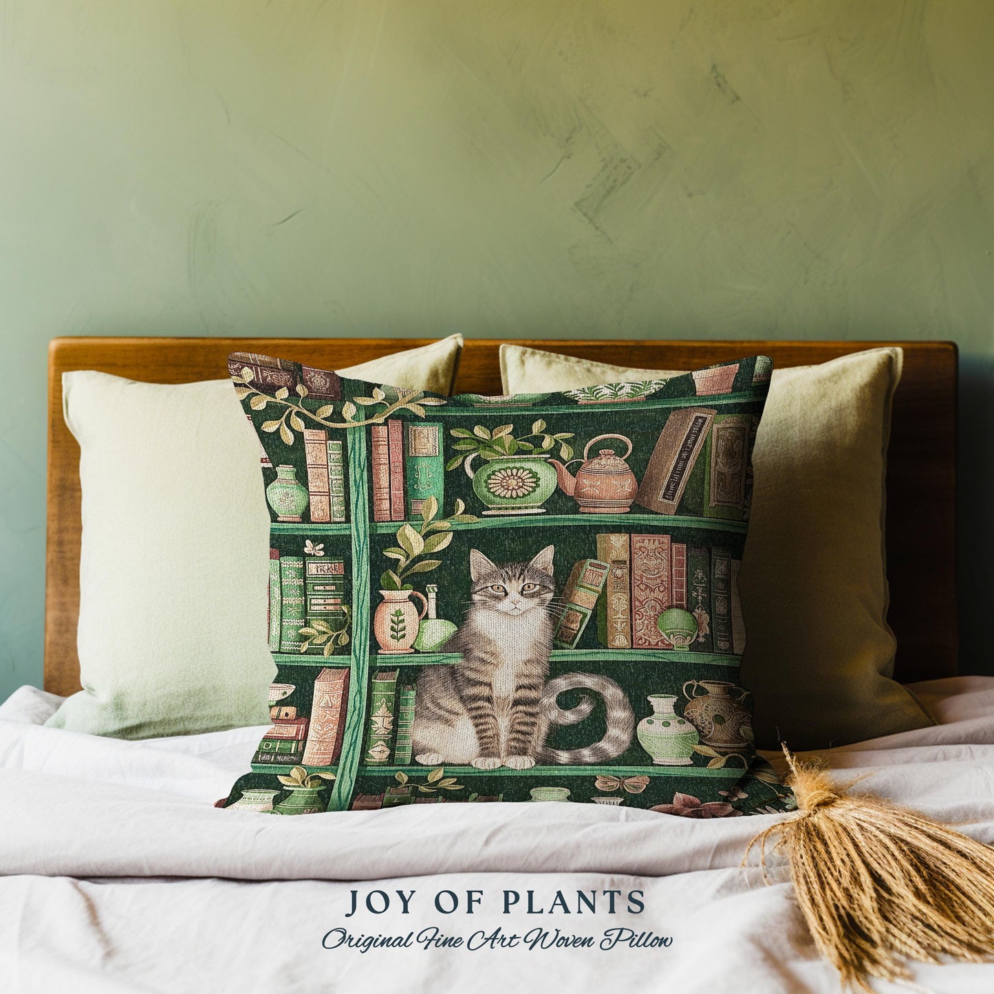 Retro Bookshelf Cat Pillow Botanical Academia Cottagecore Decor, Cozy Feline Library Theme Tapestry Pillow Whimsical Literary Aesthetic Gift