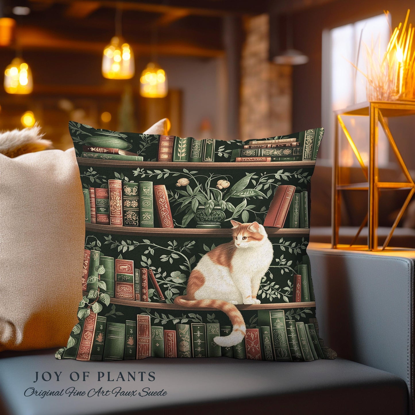 Victorian Gothic Cozy Cat Bookshelf Pillow | Fairycore Ethereal Bedroom Decor Reading Gift Dark Academia Woven Tapestry Wall Art Botanical