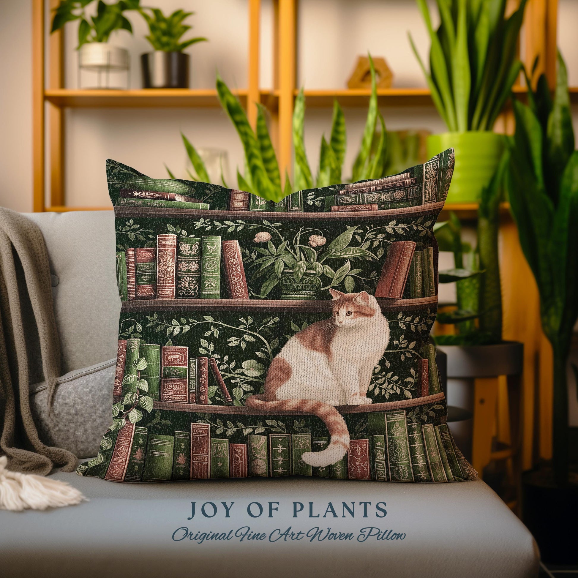 Victorian Gothic Cozy Cat Bookshelf Pillow | Fairycore Ethereal Bedroom Decor Reading Gift Dark Academia Woven Tapestry Wall Art Botanical