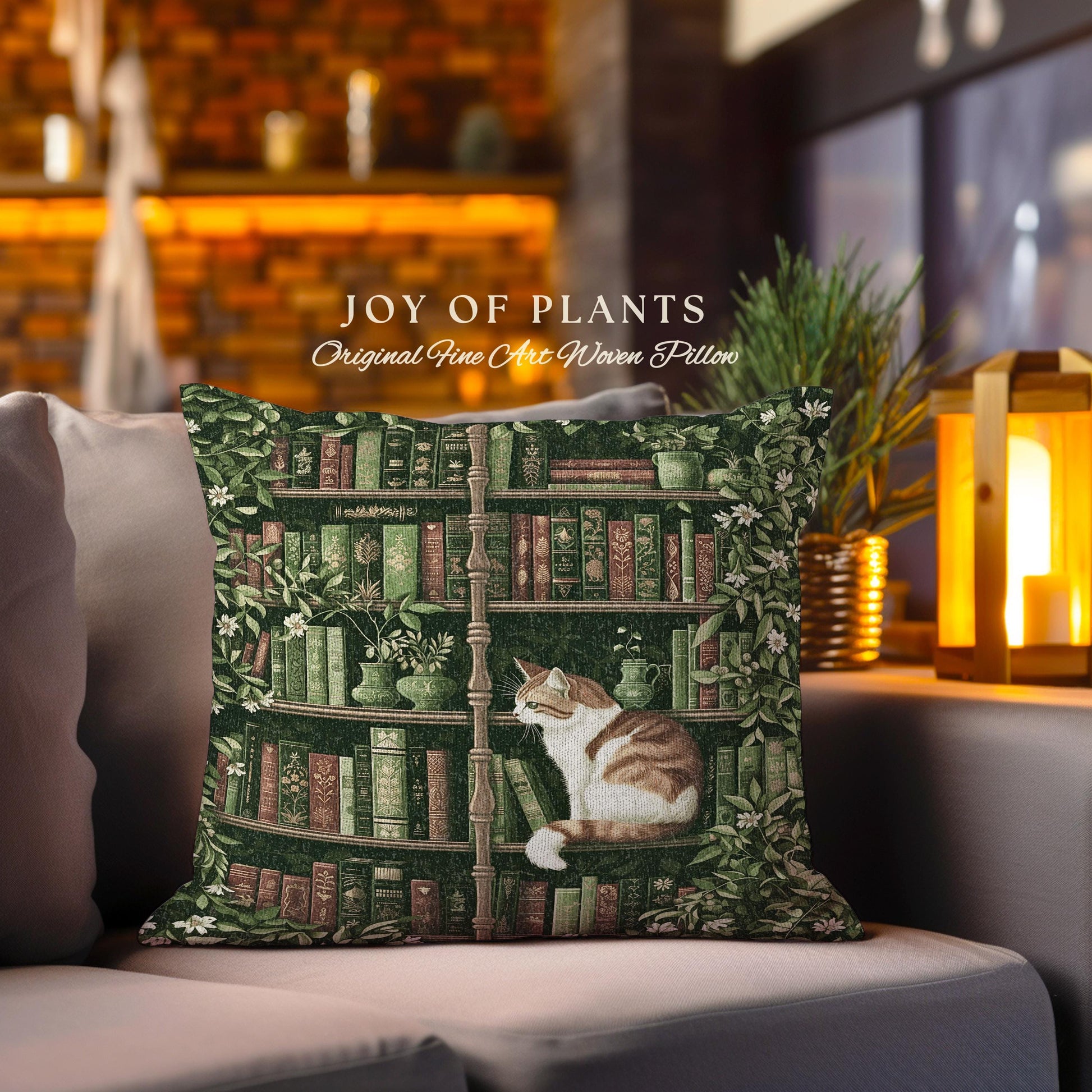 Whimsical Cat Bookshelf Pillow Dark Academia Botanical Cottagecore Style Decor Cozy Vintage Library Aesthetic Bookish Charm Tapestry Cushion
