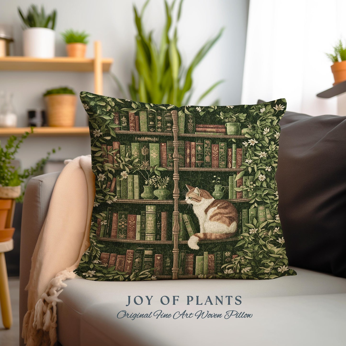 Whimsical Cat Bookshelf Pillow Dark Academia Botanical Cottagecore Style Decor Cozy Vintage Library Aesthetic Bookish Charm Tapestry Cushion
