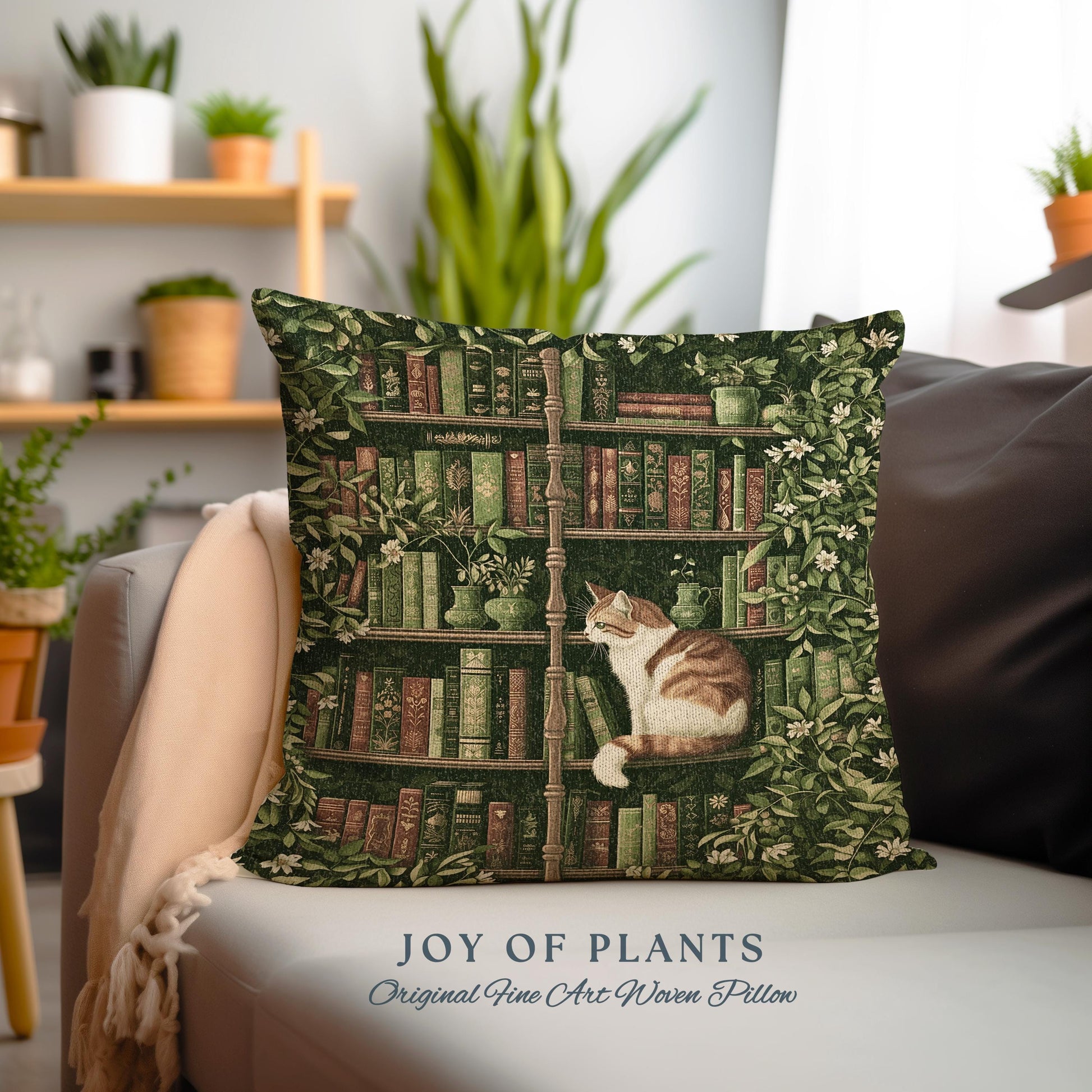 Whimsical Cat Bookshelf Pillow Dark Academia Botanical Cottagecore Style Decor Cozy Vintage Library Aesthetic Bookish Charm Tapestry Cushion