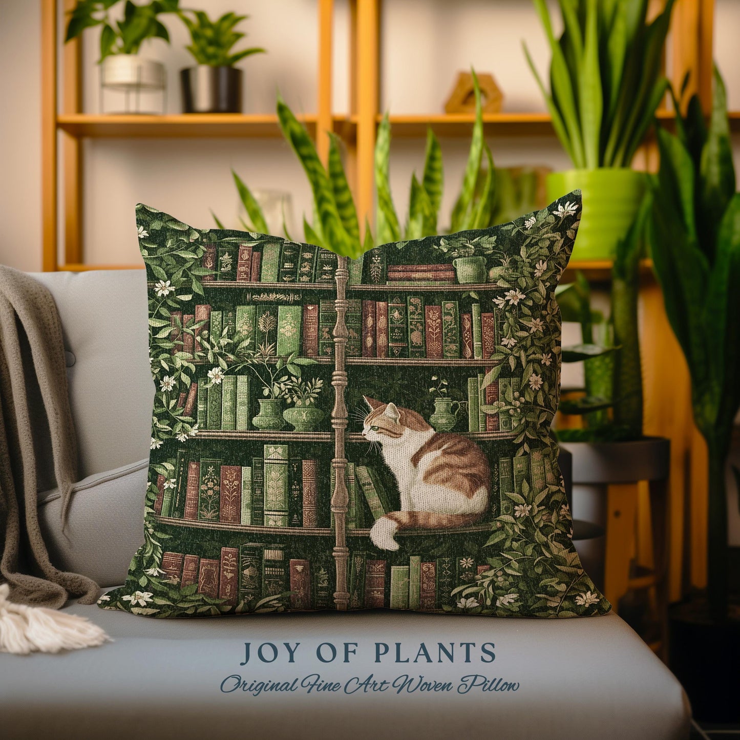 Whimsical Cat Bookshelf Pillow Dark Academia Botanical Cottagecore Style Decor Cozy Vintage Library Aesthetic Bookish Charm Tapestry Cushion