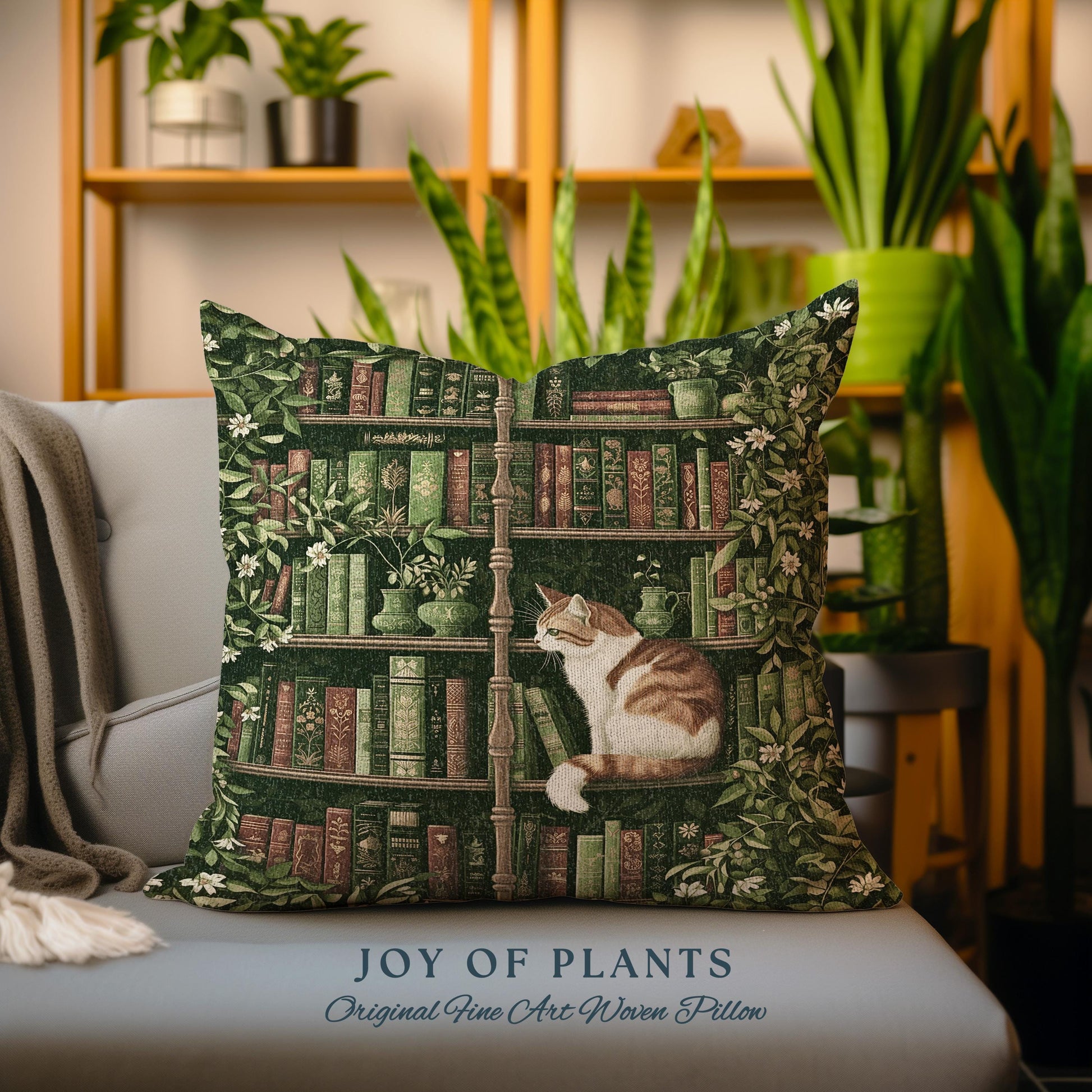 Whimsical Cat Bookshelf Pillow Dark Academia Botanical Cottagecore Style Decor Cozy Vintage Library Aesthetic Bookish Charm Tapestry Cushion