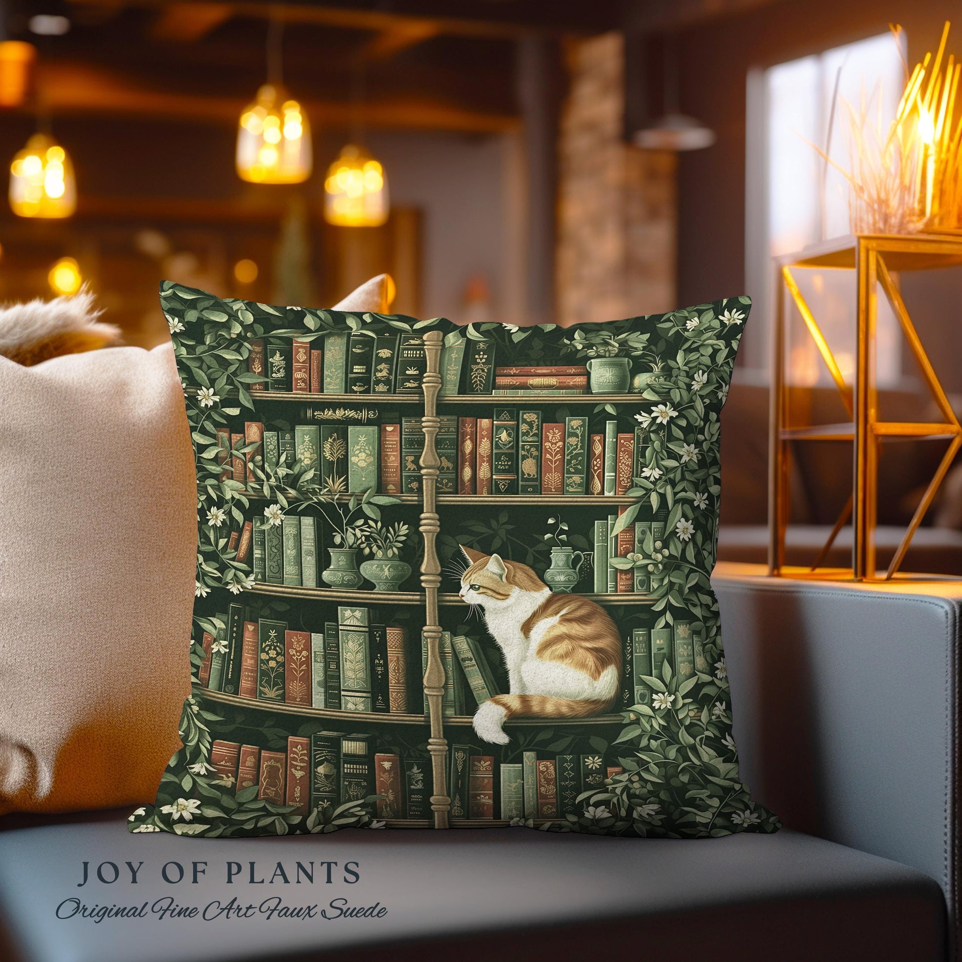 Whimsical Cat Bookshelf Pillow Dark Academia Botanical Cottagecore Style Decor Cozy Vintage Library Aesthetic Bookish Charm Tapestry Cushion