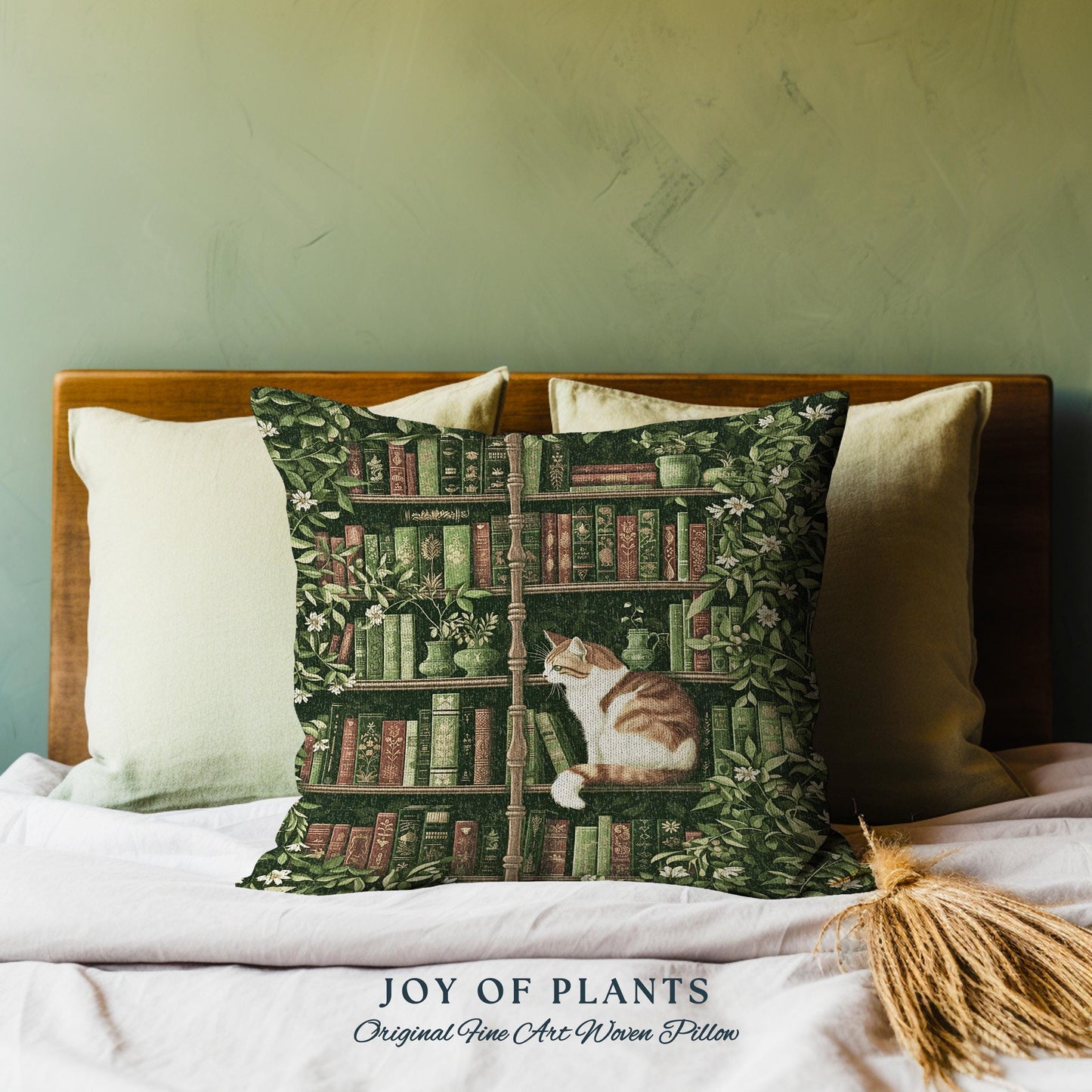 Whimsical Cat Bookshelf Pillow Dark Academia Botanical Cottagecore Style Decor Cozy Vintage Library Aesthetic Bookish Charm Tapestry Cushion