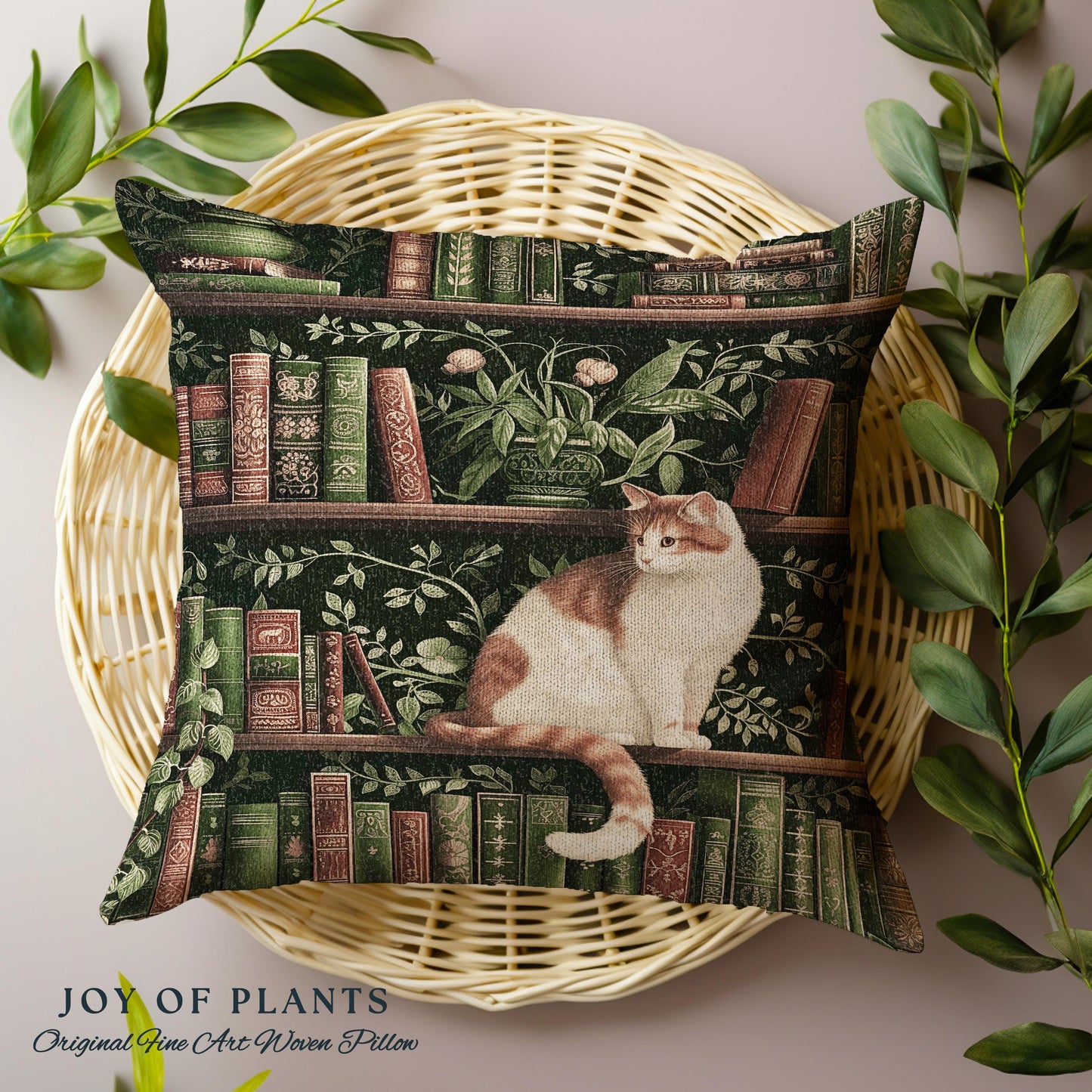 Victorian Gothic Cozy Cat Bookshelf Pillow | Fairycore Ethereal Bedroom Decor Reading Gift Dark Academia Woven Tapestry Wall Art Botanical