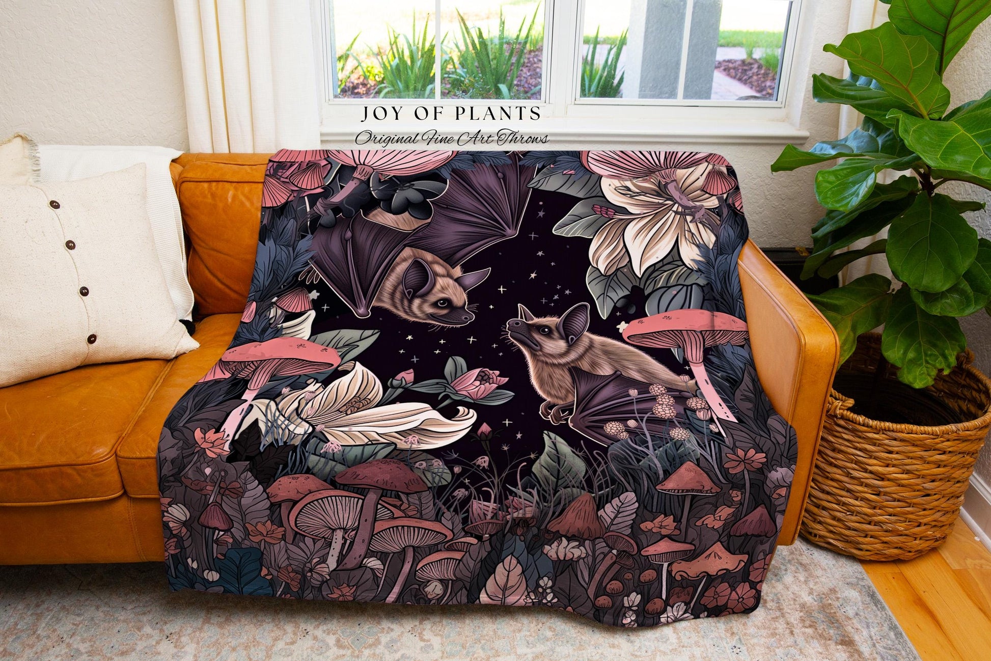 Mushroom Bat Celestial Throw Blanket | Mystic Woodland Cottagegoth Aesthetic Boho Bat Moon and Stars Ethereal Wall Tapestry Woven Throw |