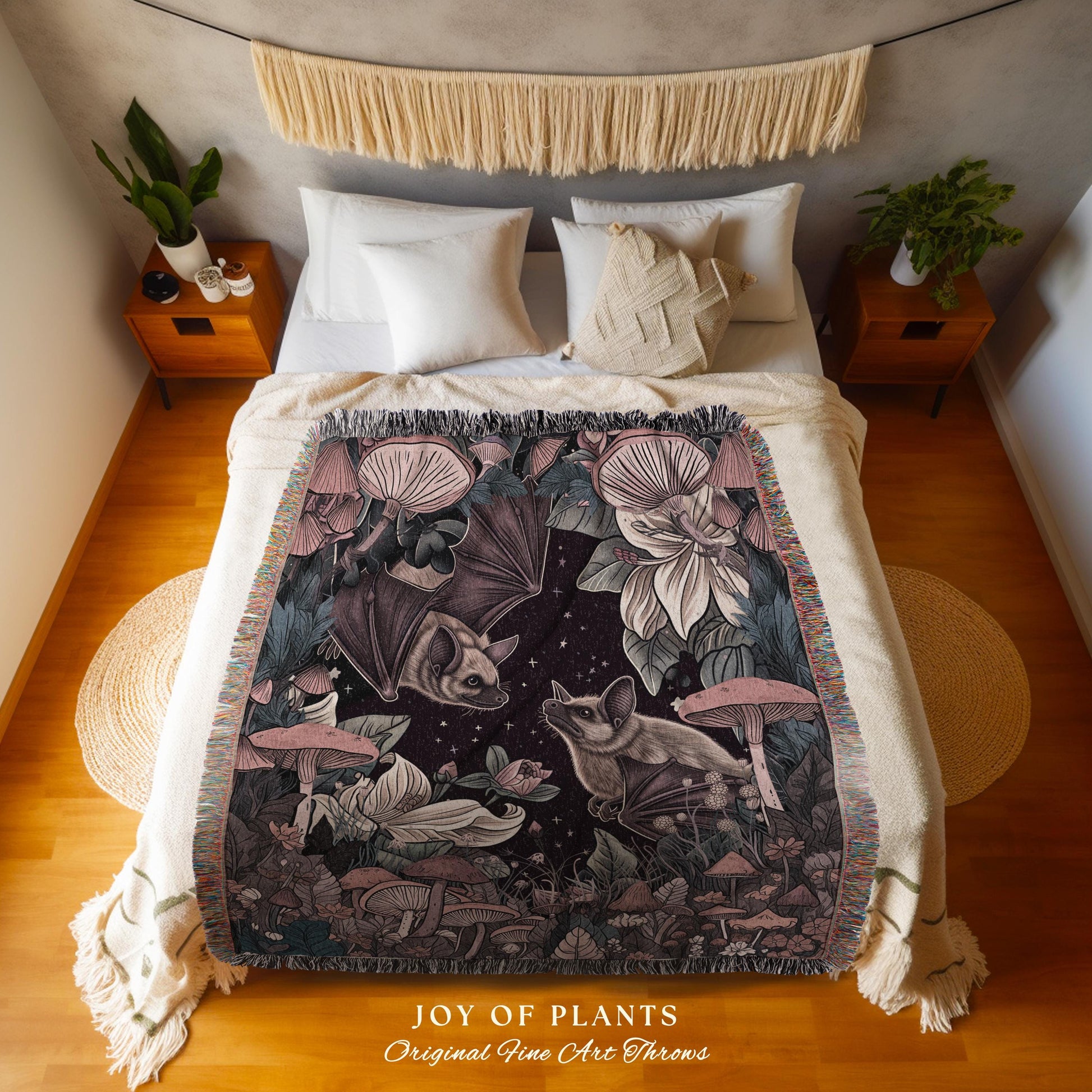 Mushroom Bat Celestial Throw Blanket | Mystic Woodland Cottagegoth Aesthetic Boho Bat Moon and Stars Ethereal Wall Tapestry Woven Throw |