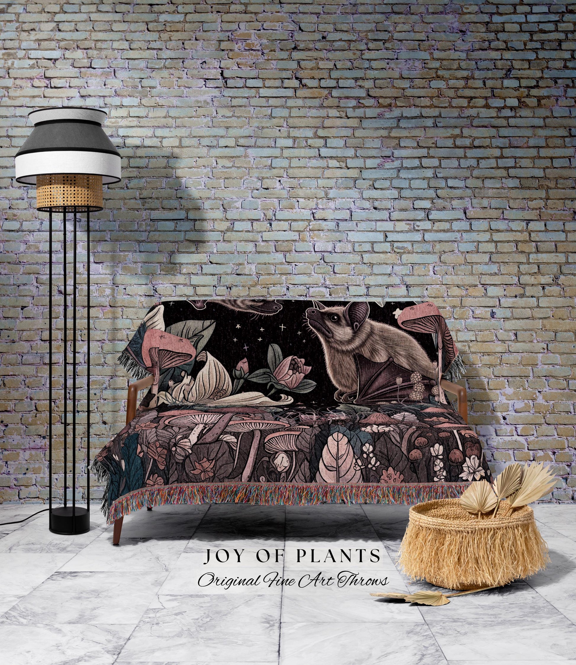 Mushroom Bat Celestial Throw Blanket | Mystic Woodland Cottagegoth Aesthetic Boho Bat Moon and Stars Ethereal Wall Tapestry Woven Throw |