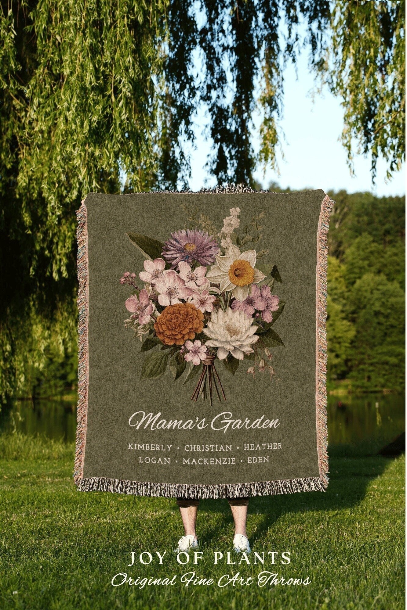 Vintage Birth Flower Bouquet Custom Family Blanket Personalized Birth Month Flower Bouquet Family Name Blanket Mom Keepsake Gift from Family