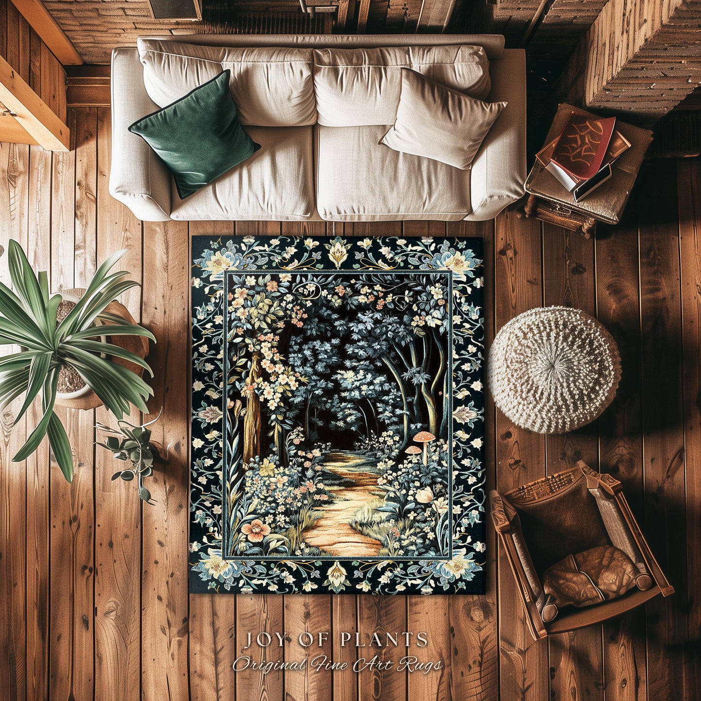 Dreamy Forest Landscape Botanical Area Rug | Misty Forest Dark Cottagecore Aesthetic Fairycore Book Nook Room Decor Magical Jungle Aesthetic