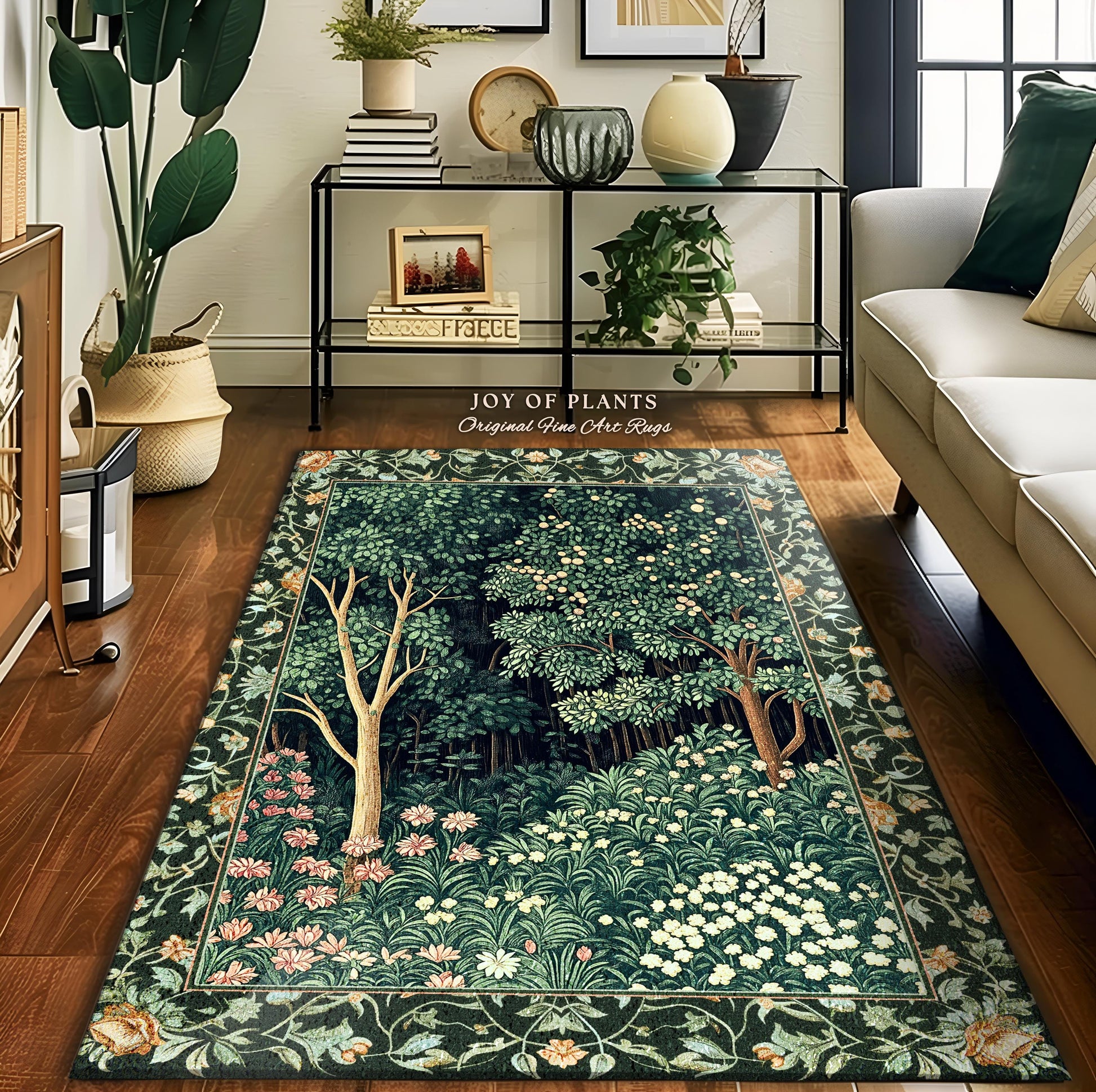 Medieval Forest Botanical Floor Rug | Woodland Botanical Emerald Green Vintage Aesthetic Mystic Book Nook Room Decor Magical Bedroom Theme |