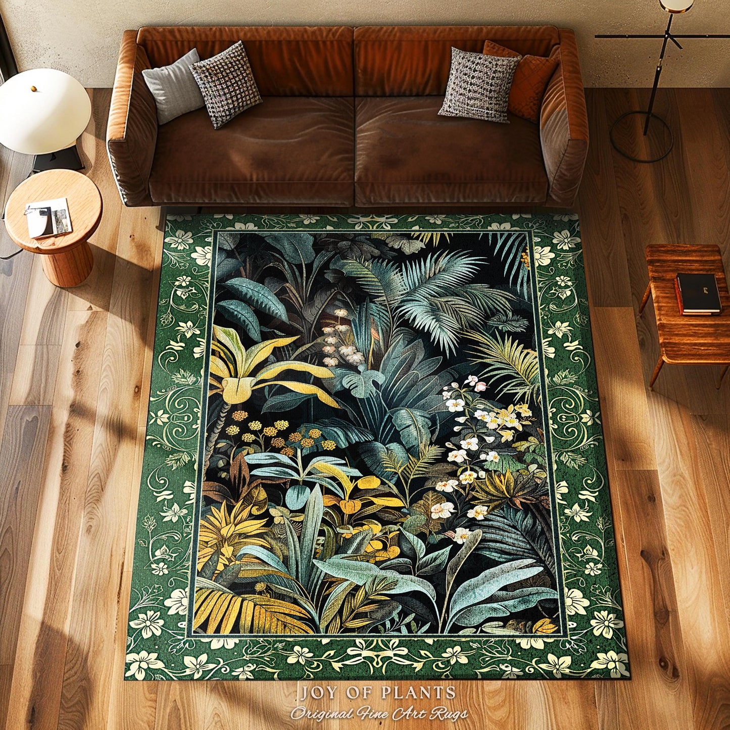 Jungle Leaves Botanical Area Rug | Tropical Jungle Nature Lover Book Nook Cozy Plant Lover Boho Bedroom Decor Elegant Family Room Floor Rug