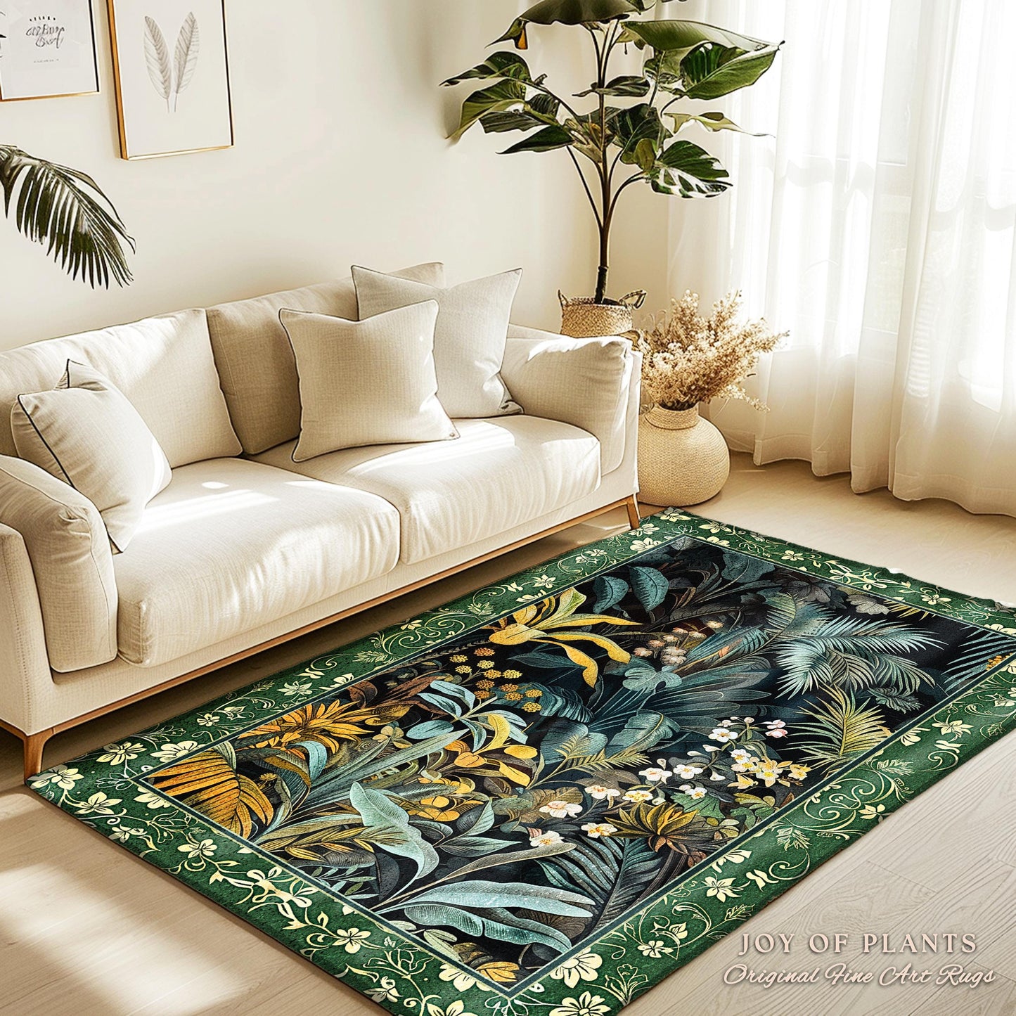 Jungle Leaves Botanical Area Rug | Tropical Jungle Nature Lover Book Nook Cozy Plant Lover Boho Bedroom Decor Elegant Family Room Floor Rug
