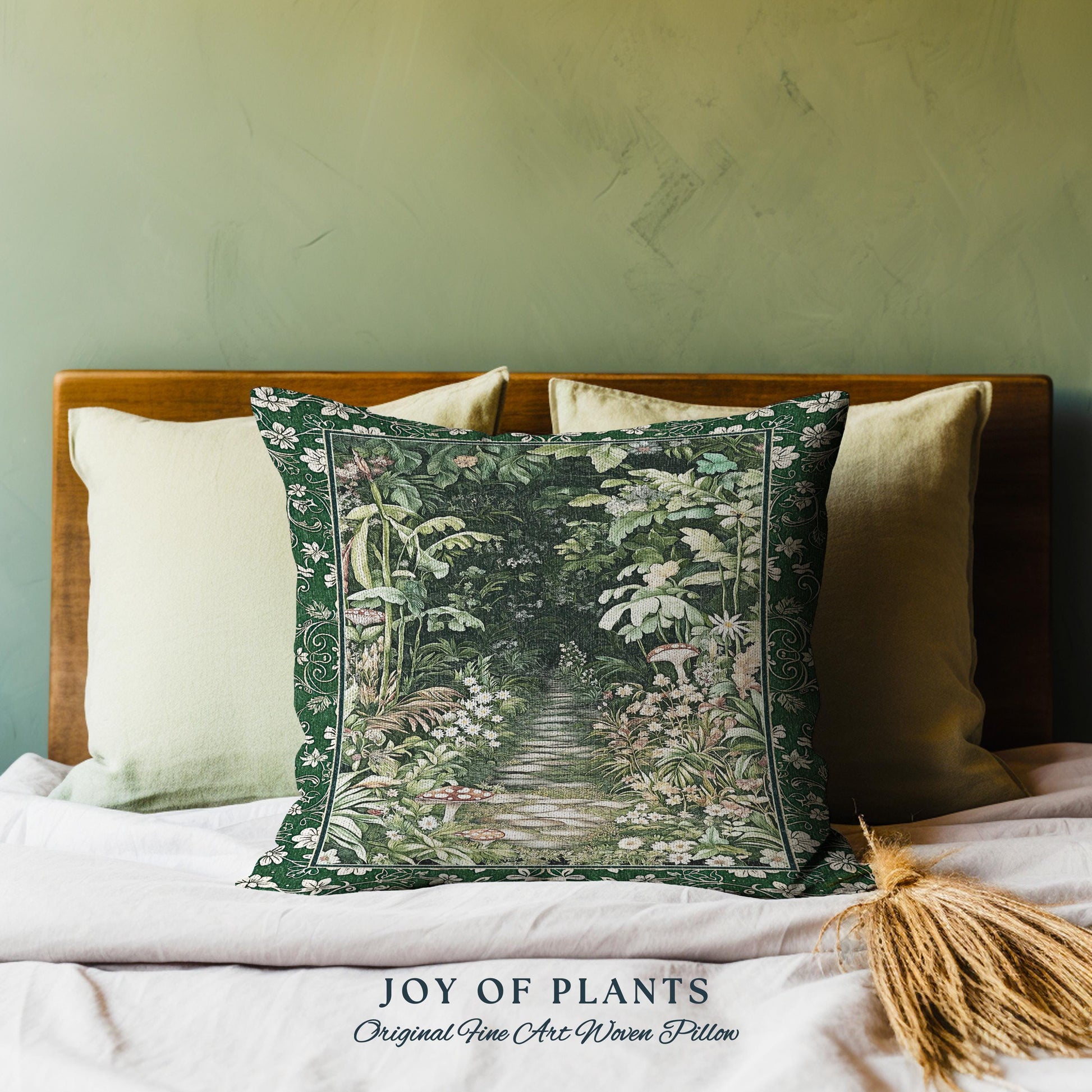 Soft Green Woodland Throw Pillow for Bedroom | Fairycore Woodland Nature Lover Book Nook Cozy Earthy Tapestry Accent Pillow Jungle Whimsical
