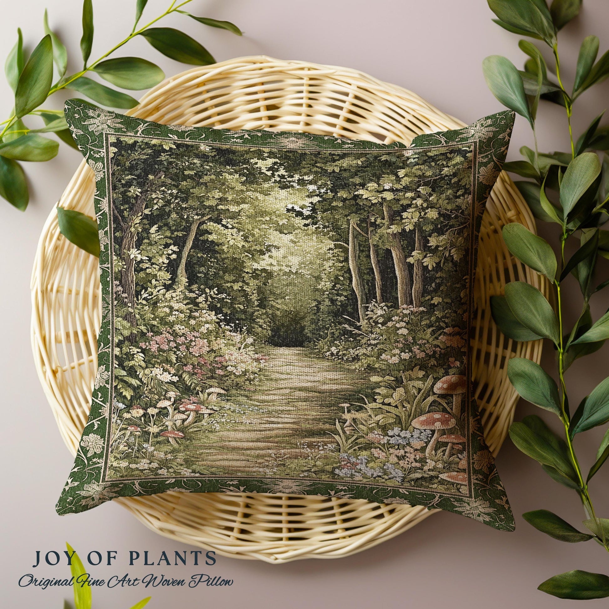 Natural Plants Ethereal Folklore Throw Pillow | Woodland Fairy Inspired Nature Lover Bedroom Cozy Earthy Tapestry Pillow Mystical Floral |