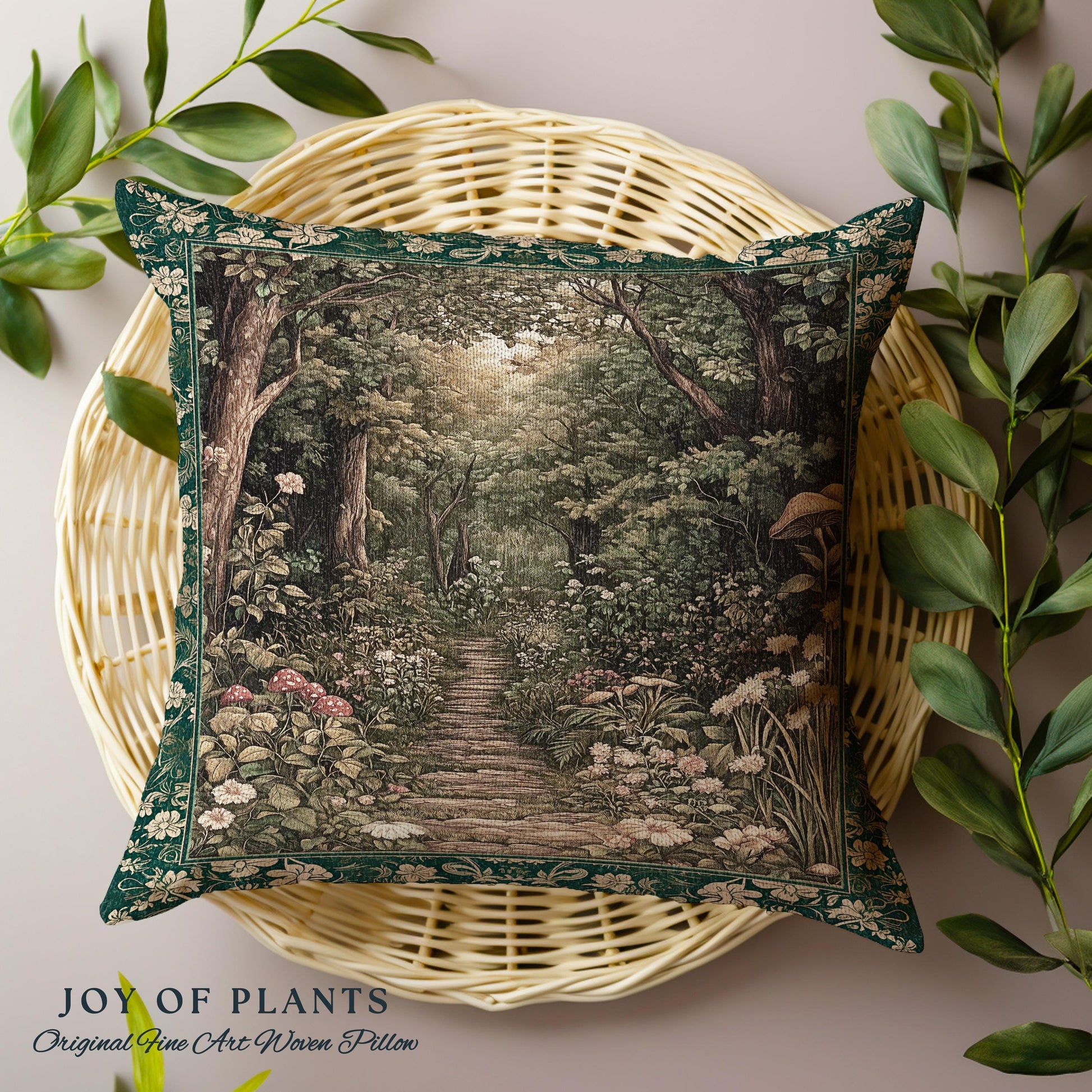 Botanical Bedroom Throw Pillow Fairycore | Woodland Mushroom Aesthetic Nature Lover Book Nook Tapestry Pillow Woven Emerald Green Decor |