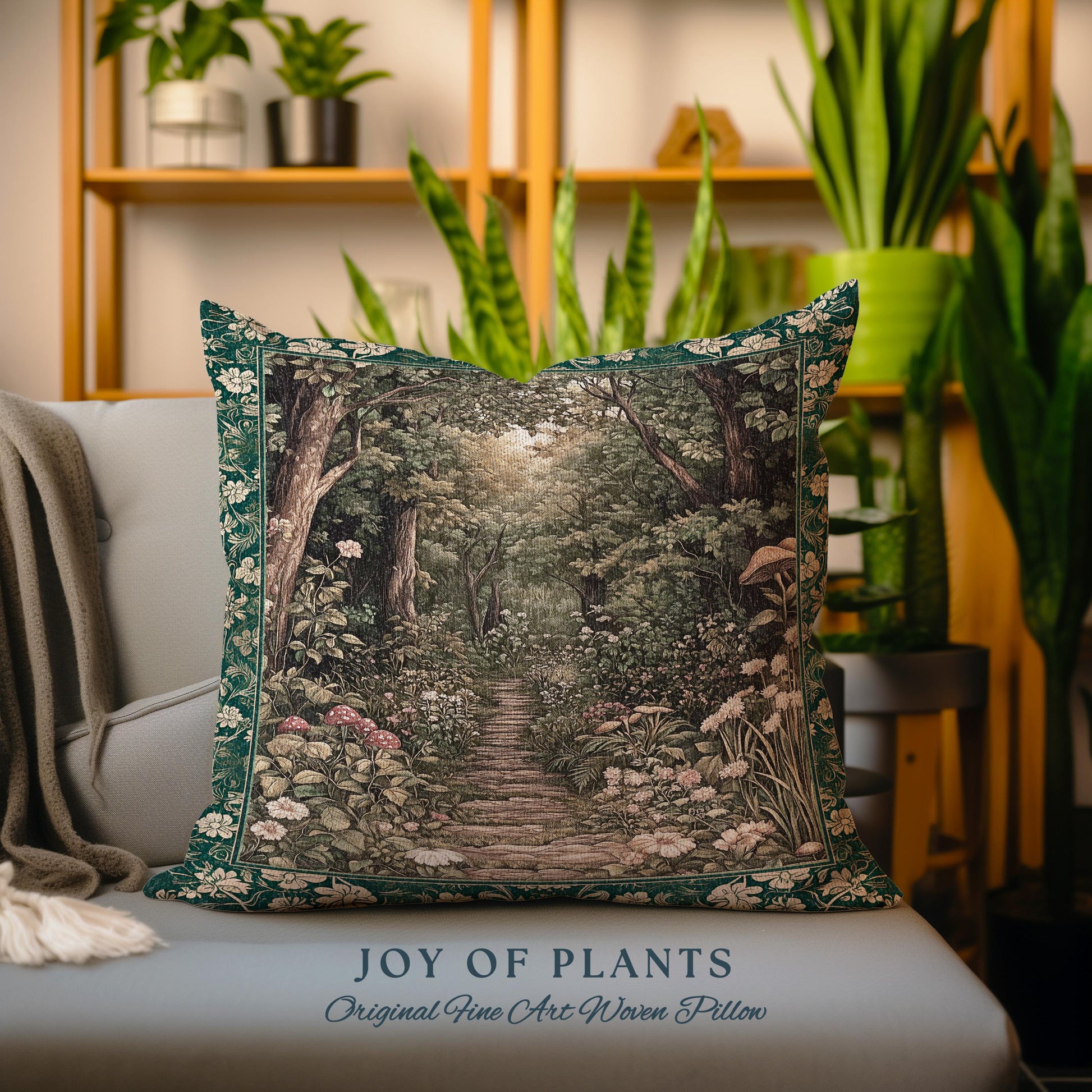 Botanical Bedroom Throw Pillow Fairycore | Woodland Mushroom Aesthetic Nature Lover Book Nook Tapestry Pillow Woven Emerald Green Decor |