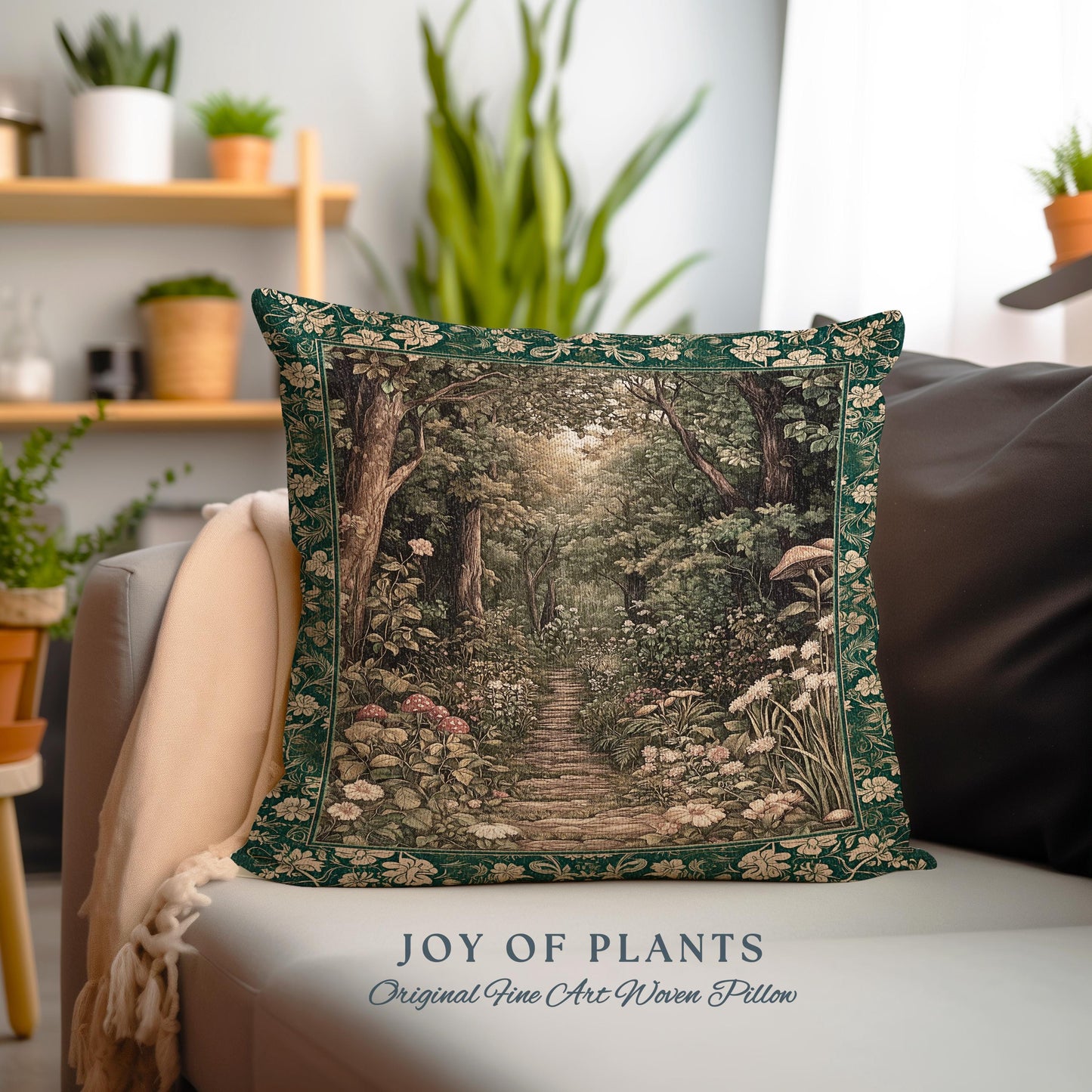 Botanical Bedroom Throw Pillow Fairycore | Woodland Mushroom Aesthetic Nature Lover Book Nook Tapestry Pillow Woven Emerald Green Decor |