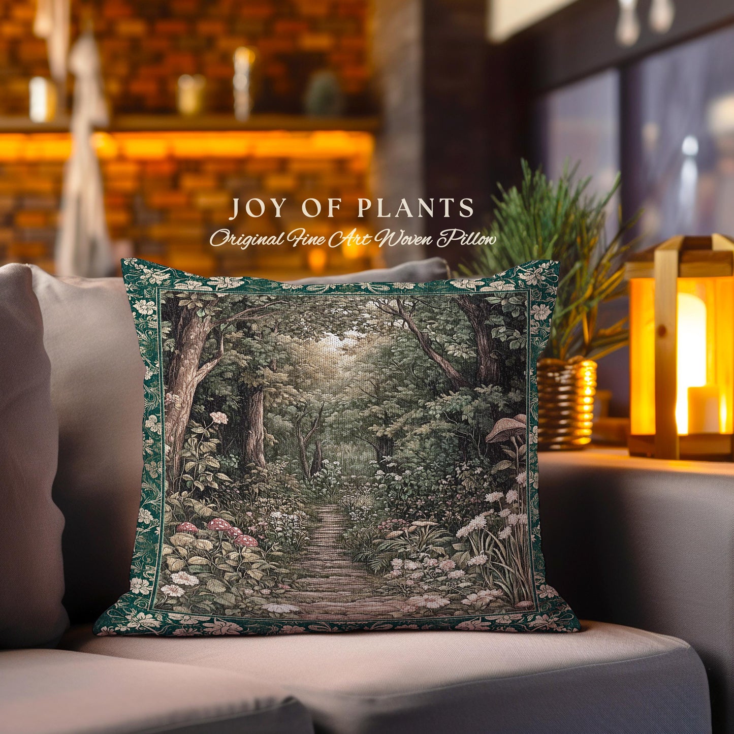 Botanical Bedroom Throw Pillow Fairycore | Woodland Mushroom Aesthetic Nature Lover Book Nook Tapestry Pillow Woven Emerald Green Decor |