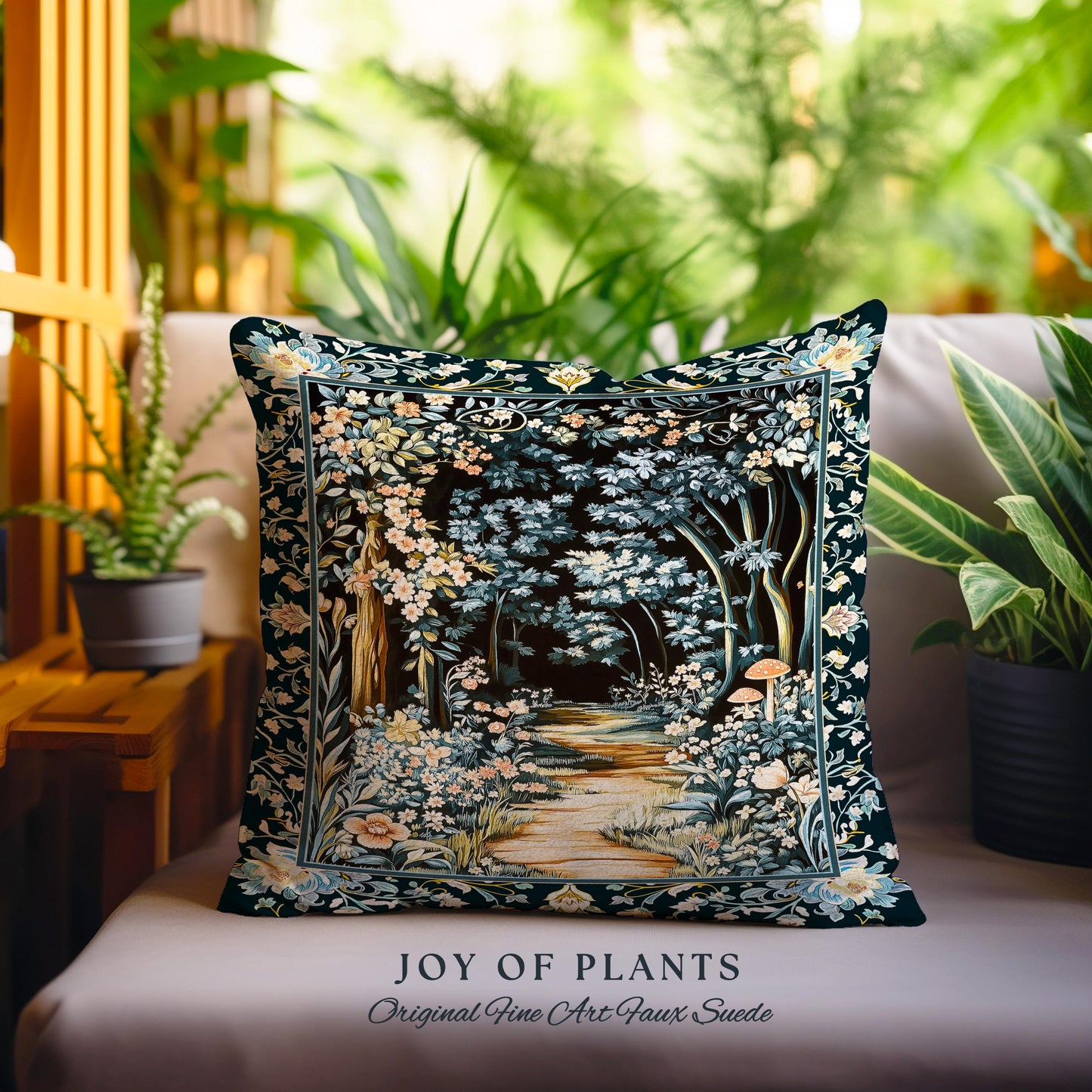 Dreamy Forest Landscape Botanical Pillow | Misty Forest Dark Cottagecore Aesthetic Fairycore Book Nook Woven Cushion Magical Jungle Decor |