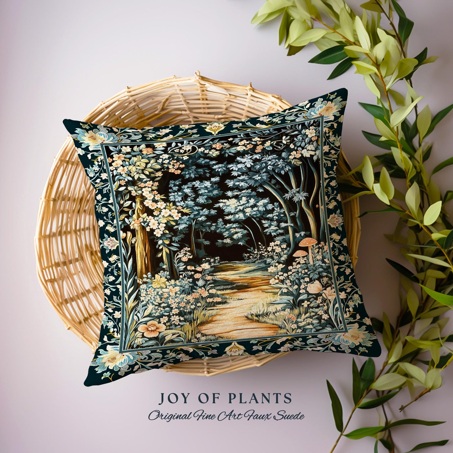 Dreamy Forest Landscape Botanical Pillow | Misty Forest Dark Cottagecore Aesthetic Fairycore Book Nook Woven Cushion Magical Jungle Decor |