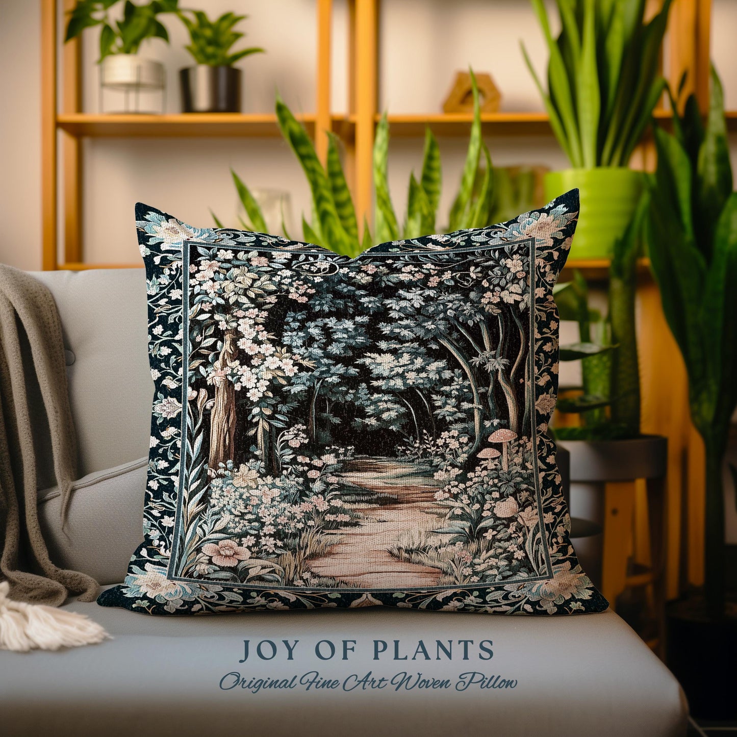 Dreamy Forest Landscape Botanical Pillow | Misty Forest Dark Cottagecore Aesthetic Fairycore Book Nook Woven Cushion Magical Jungle Decor |