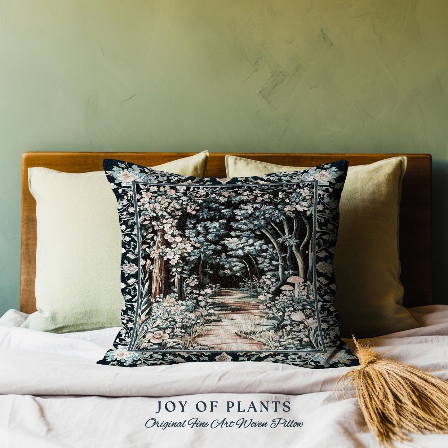 Dreamy Forest Landscape Botanical Pillow | Misty Forest Dark Cottagecore Aesthetic Fairycore Book Nook Woven Cushion Magical Jungle Decor |