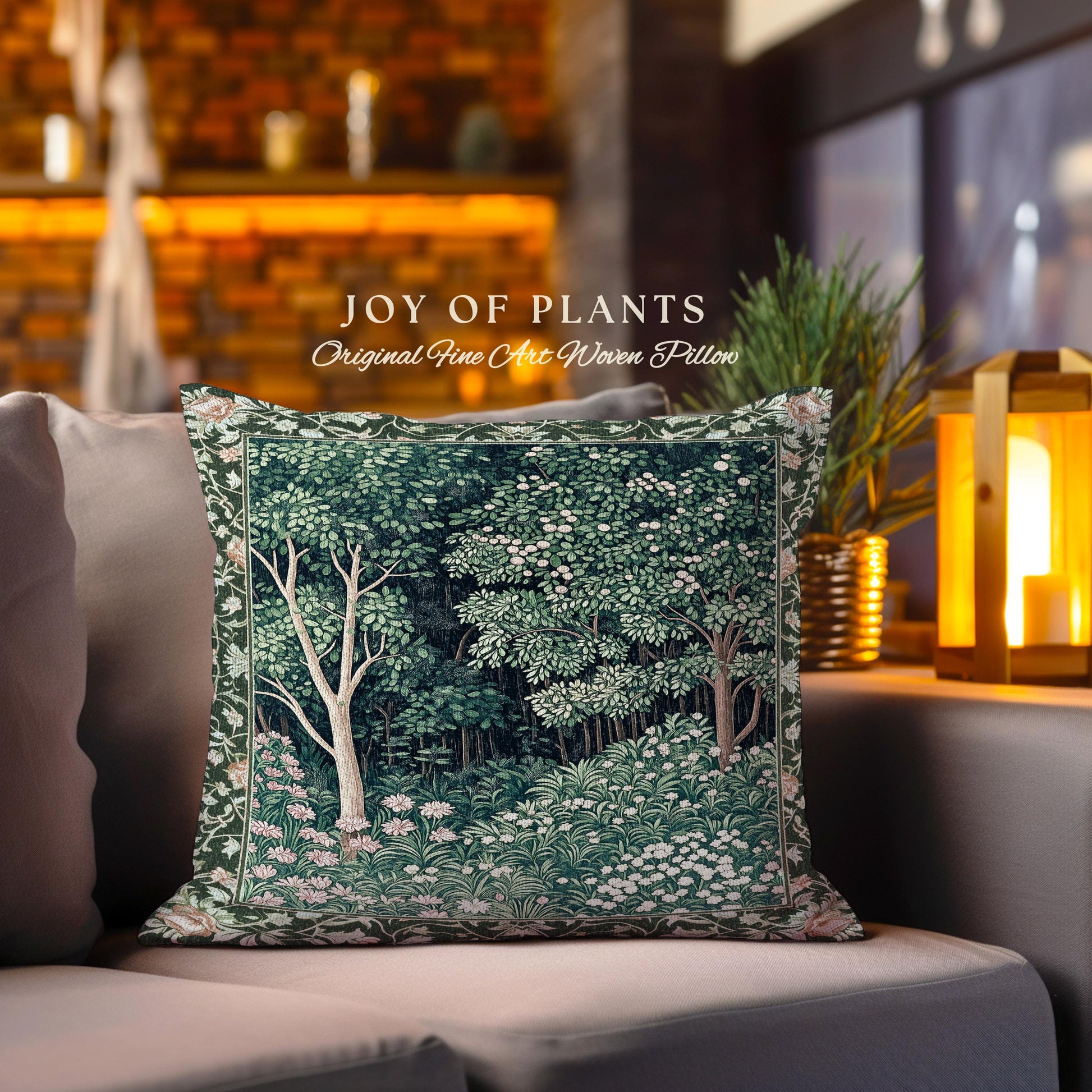 Medieval Forest Botanical Accent Pillow | Woodland Botanical Emerald Green Vintage Aesthetic Mystic Book Nook Cushion Magical Bedroom Theme