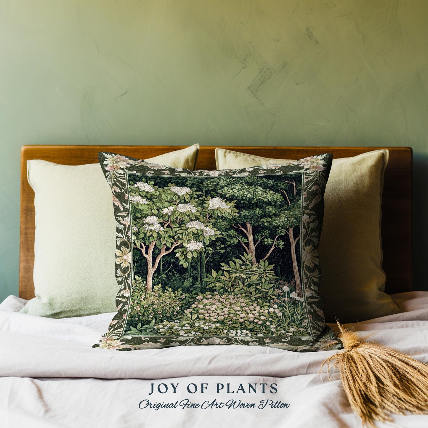 Emerald Green Medieval Tree Tapestry Pillow | Magical Woodland Cottagecore Aesthetic Nature Lover Book Nook Olive Green Decor Bohemian Cute