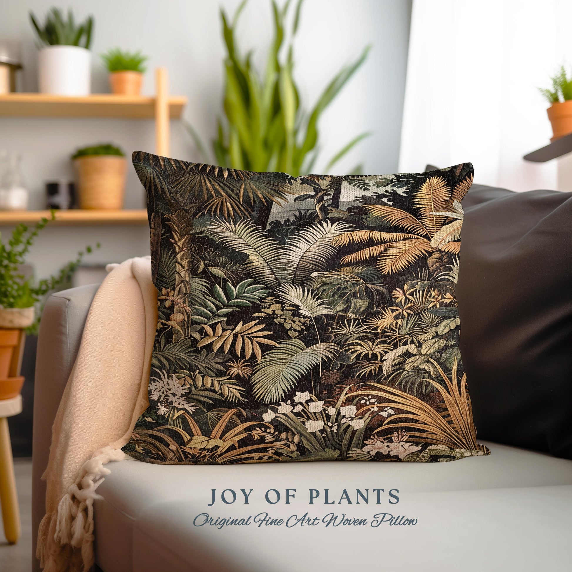 Earthy Colors Tropical Leaves Throw Pillow | Jungle Theme Bedroom Decor Whimsical Botanical Living Room Forest Abstract House Plant Cushion