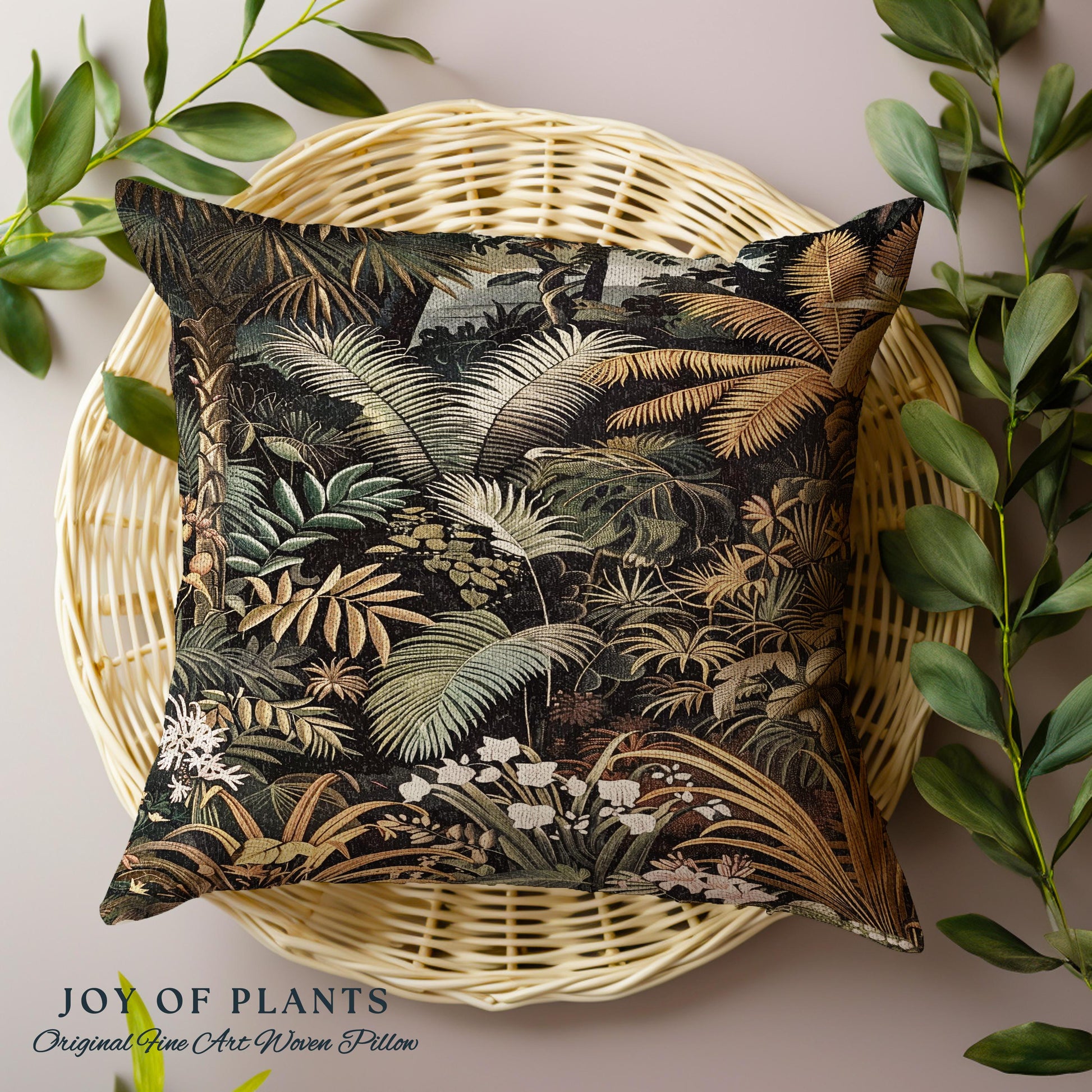 Earthy Colors Tropical Leaves Throw Pillow | Jungle Theme Bedroom Decor Whimsical Botanical Living Room Forest Abstract House Plant Cushion