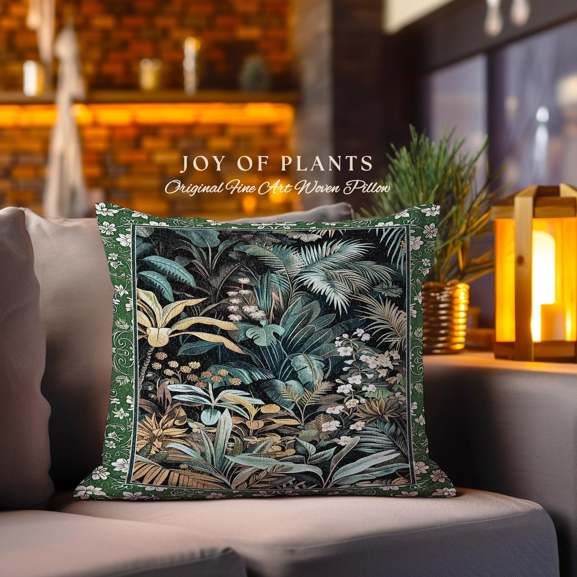 Jungle Leaves Botanical Woven Pillow | Tropical Jungle Nature Lover Book Nook Cozy Plant Lover Boho Bedroom Decor Elegant Tapestry Cushion |