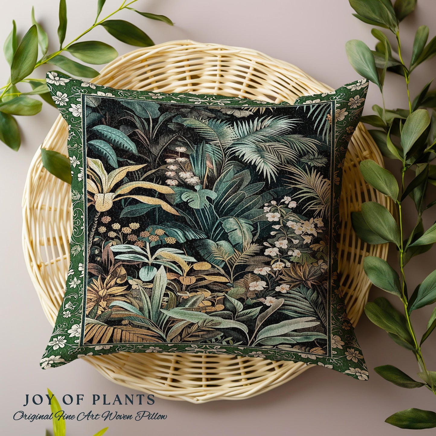 Jungle Leaves Botanical Woven Pillow | Tropical Jungle Nature Lover Book Nook Cozy Plant Lover Boho Bedroom Decor Elegant Tapestry Cushion |